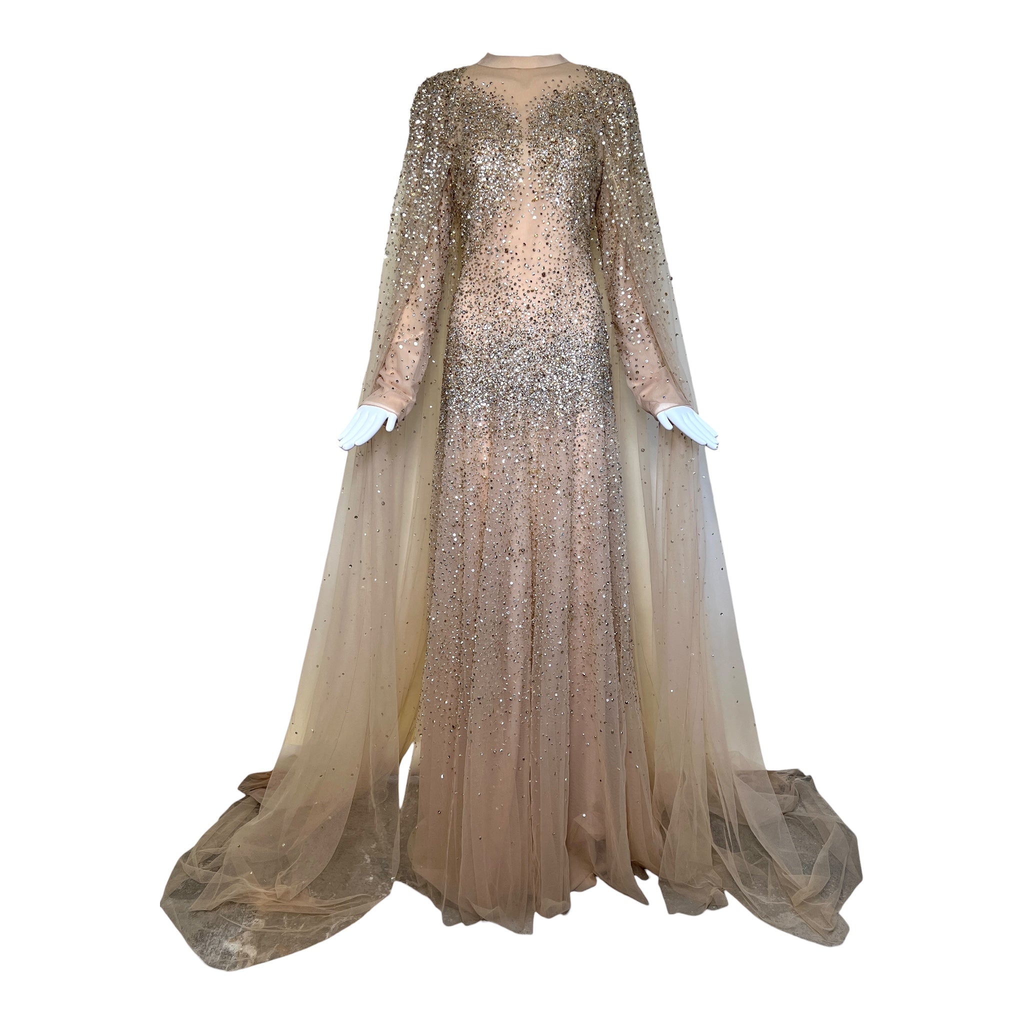 Tony Ward Fall 2025 Sheer Tulle Beaded ad Crystal Gown w/Waterfall Sleeves