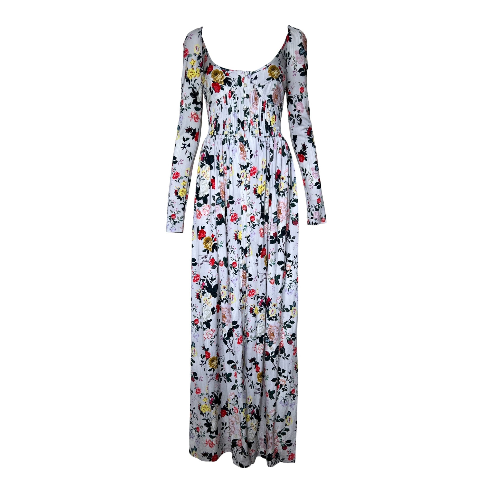 white long sleeve floral maxi dress Paco Rabanne White Floral Jersey Bustier Maxi Dress – THE WAY WE WORE