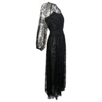 Galanos 1980's Black Chantilly Lace and Silk Chiffon Long Sleeve Gown, slight side