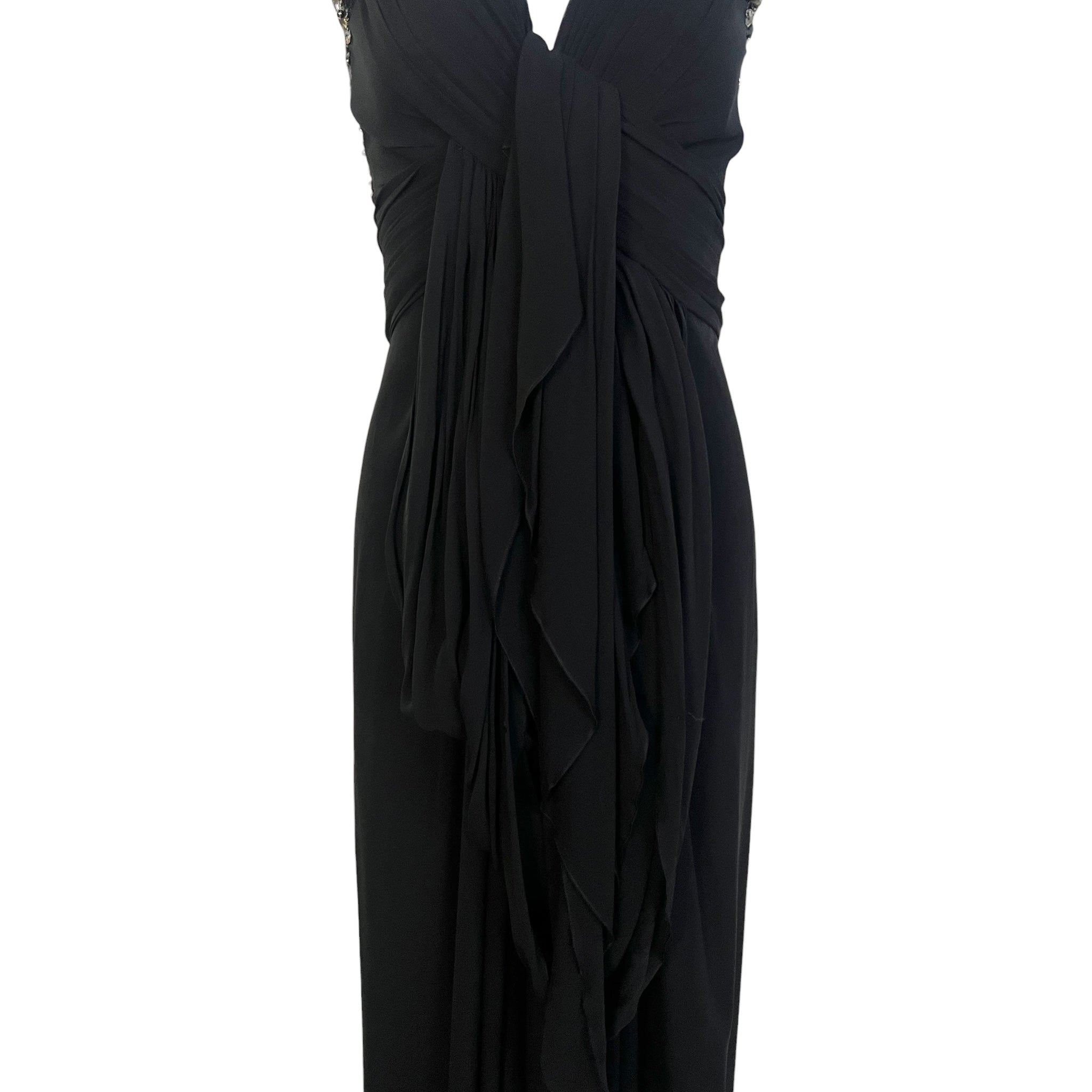  Elie Saab Black Silk Gown with Gold and Silver Embellished Capped Sleeves, bust down