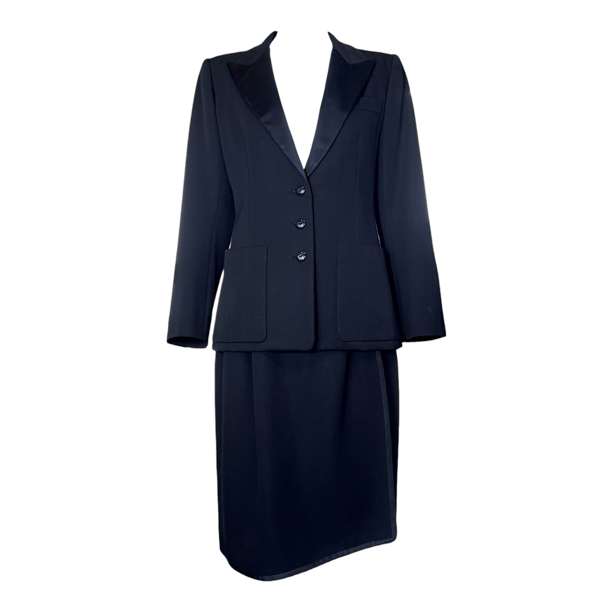 Saint Laurent 1970's Black Wool Gabardine and Faille Skirt Suit