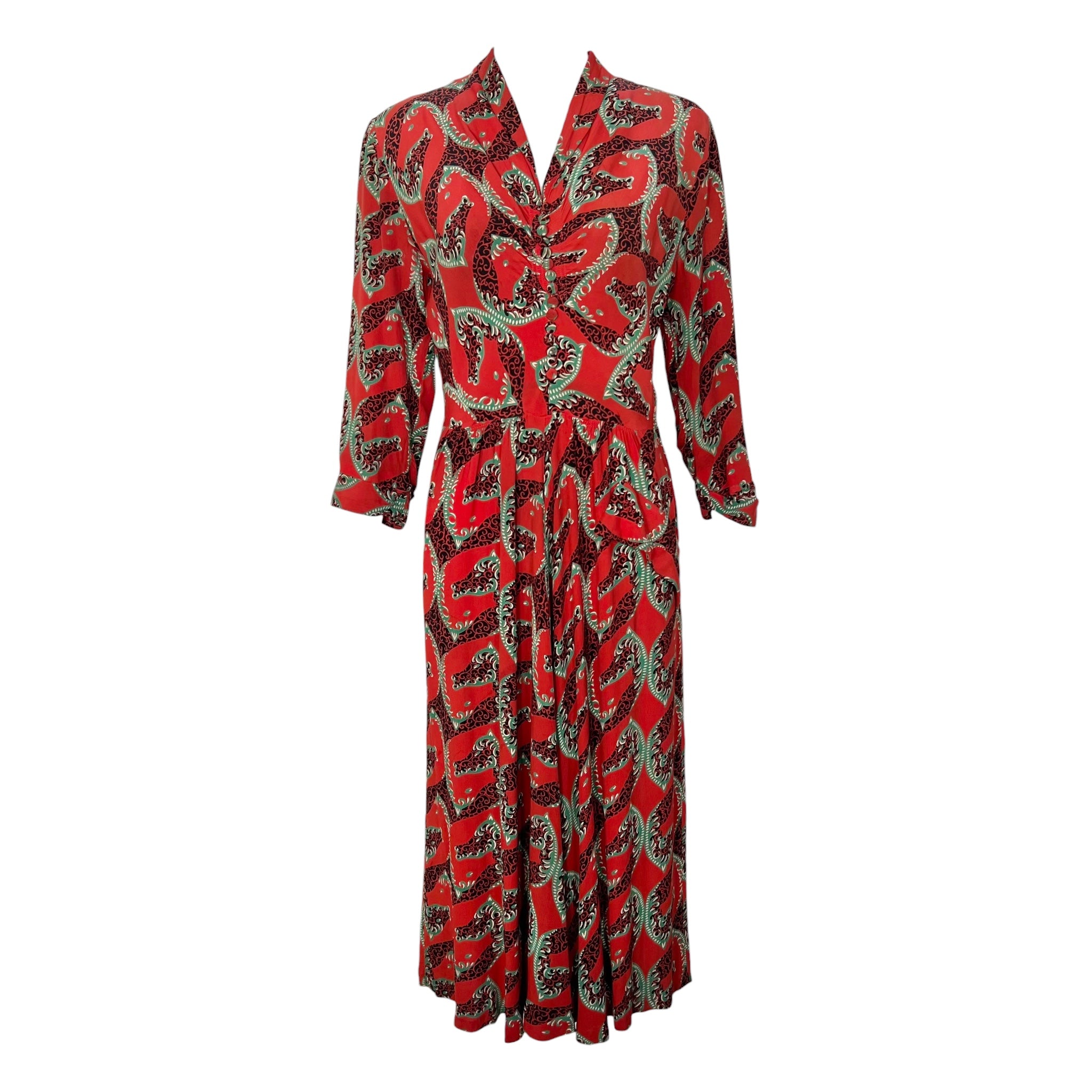 1940's Red Graphic Horse Head Rayon Crepe Dress