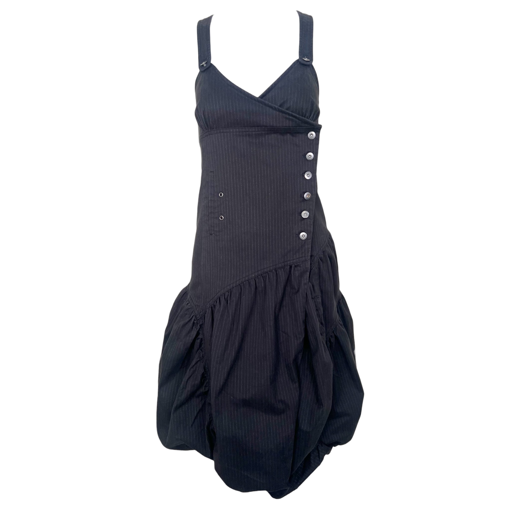 Y2K Black Pinstripe Asymmetrical Bubble Hem Midi Dress