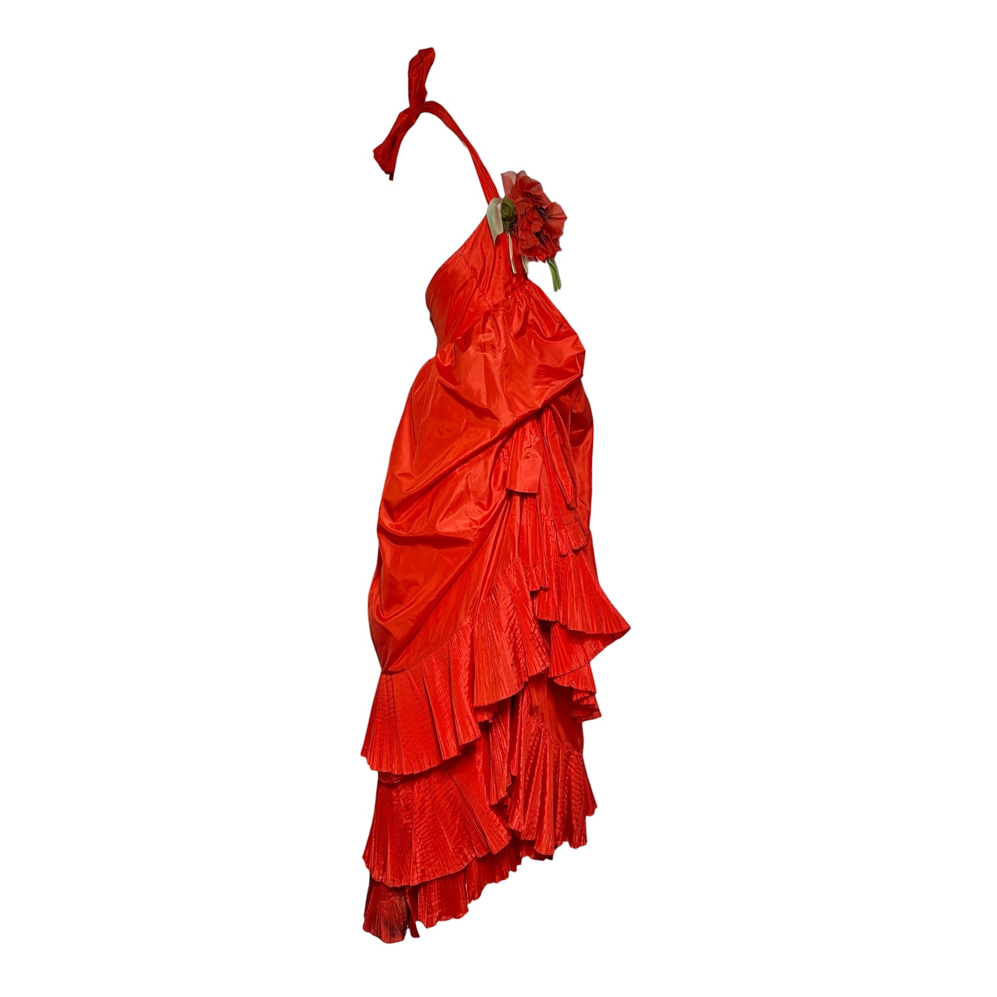 Gina Fratini Early 1980's Scarlet Red Ruffled Silk Taffeta Halter Gown, side