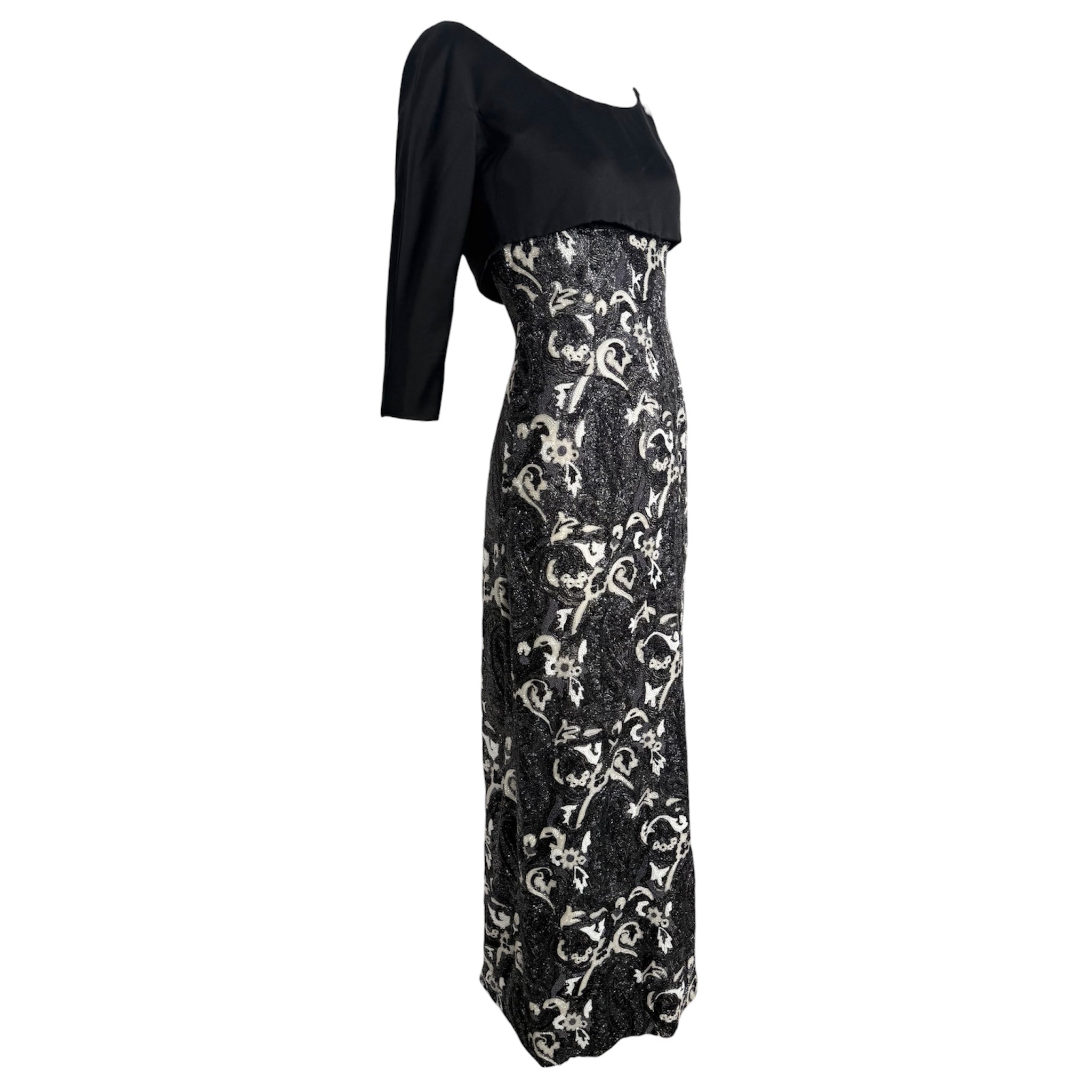 Guy Laroche Haute Couture 1960's Black and White Empire Waist Heavily Beaded Gown, slight side