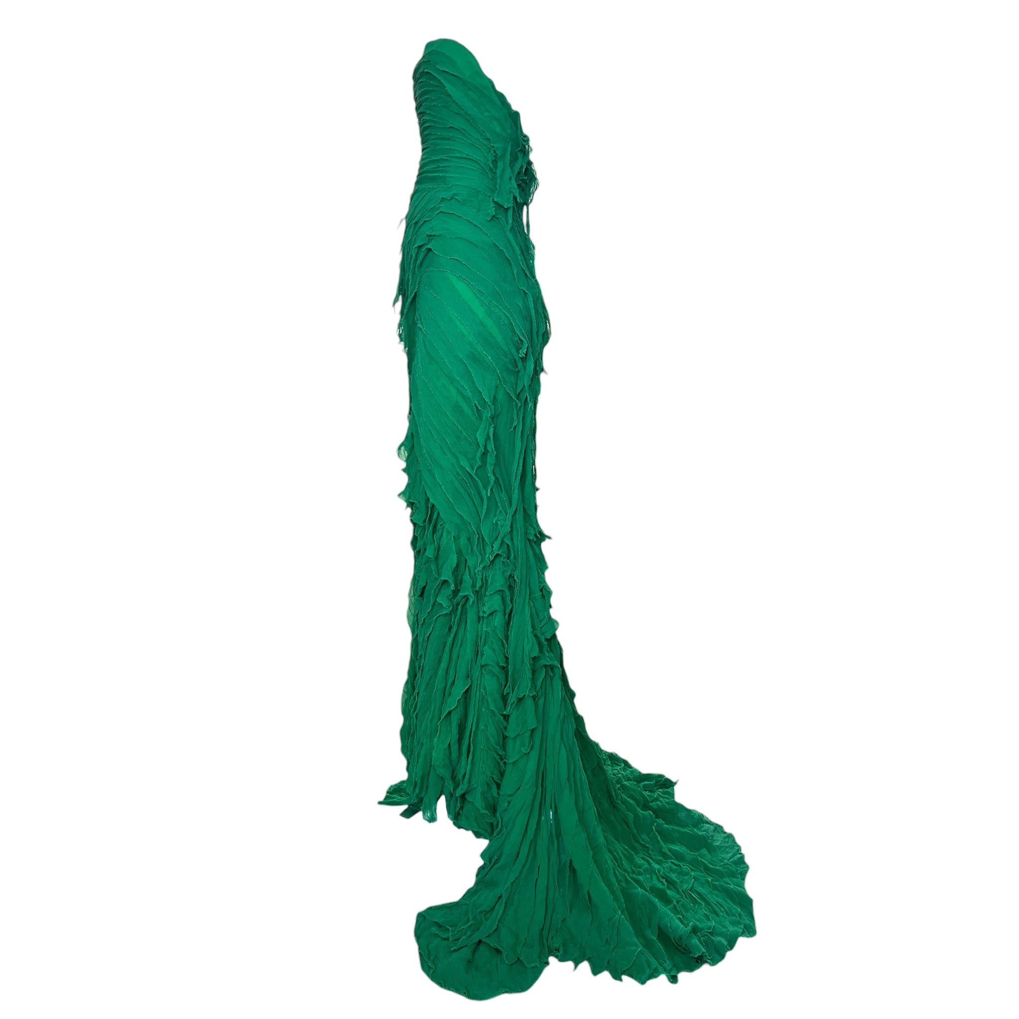Ermanno Scervino Green Silk Crepon Fringed Layered Strapless Gown, side