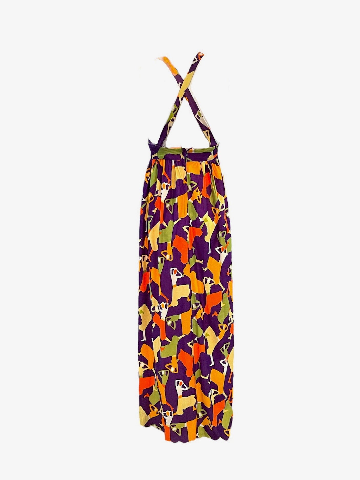 70s Purple Poly Halter Maxi Dress with Whimsical Print 2 of 6