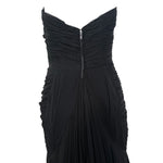 1950's Black Silk Chiffon Ruched Drop Waist Hourglass Halter Gown, back top half