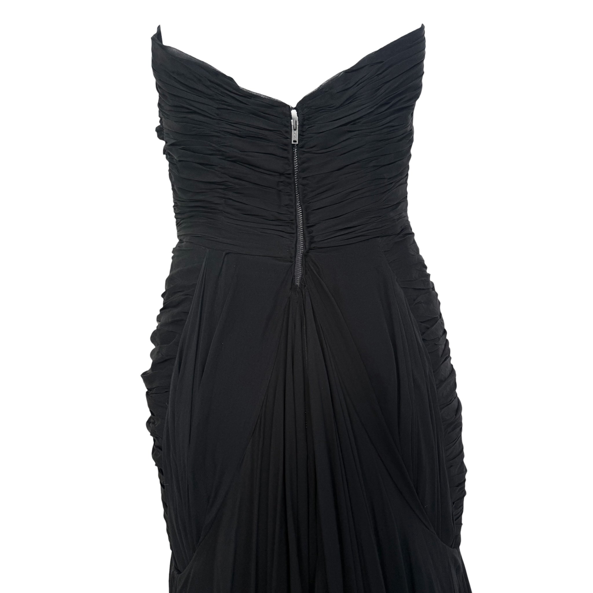 1950's Black Silk Chiffon Ruched Drop Waist Hourglass Halter Gown, back top half