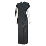 1940's Charcoal Rayon Crystal Studded Evening Dress with Swag Drape