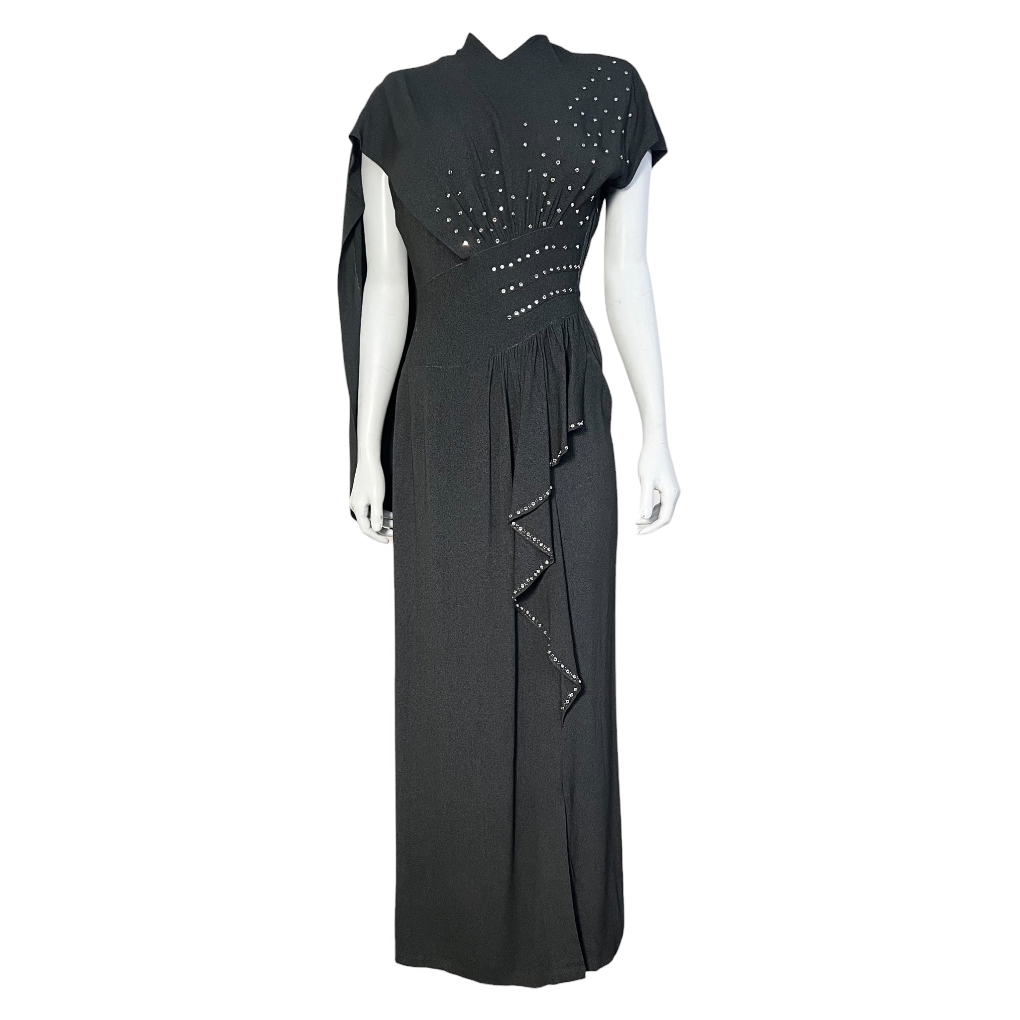 1940's Charcoal Rayon Crystal Studded Evening Dress with Swag Drape
