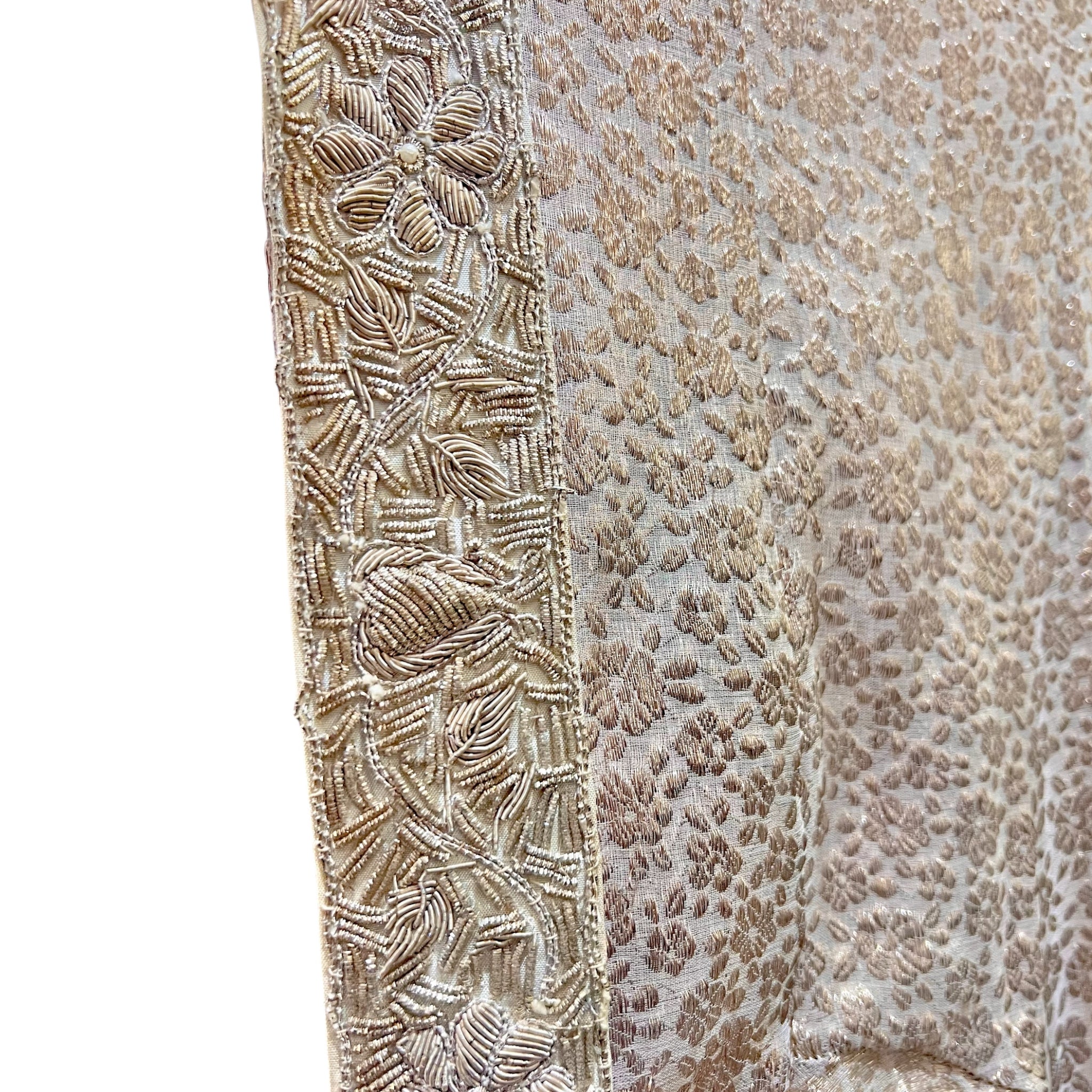 Late 1970's Gold Champagne Lamé Jacquard Caftan Gown and Scarf, detail 