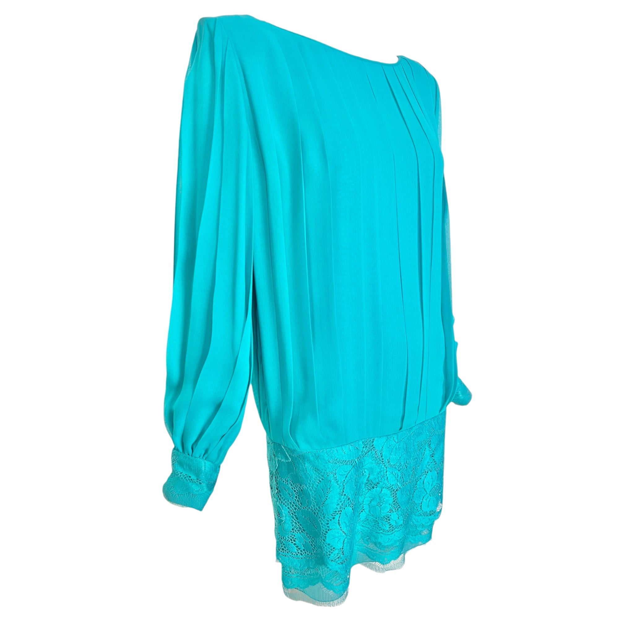 Galanos 1980's Turquoise Pleated Silk and Lace Mini Dress, slight side