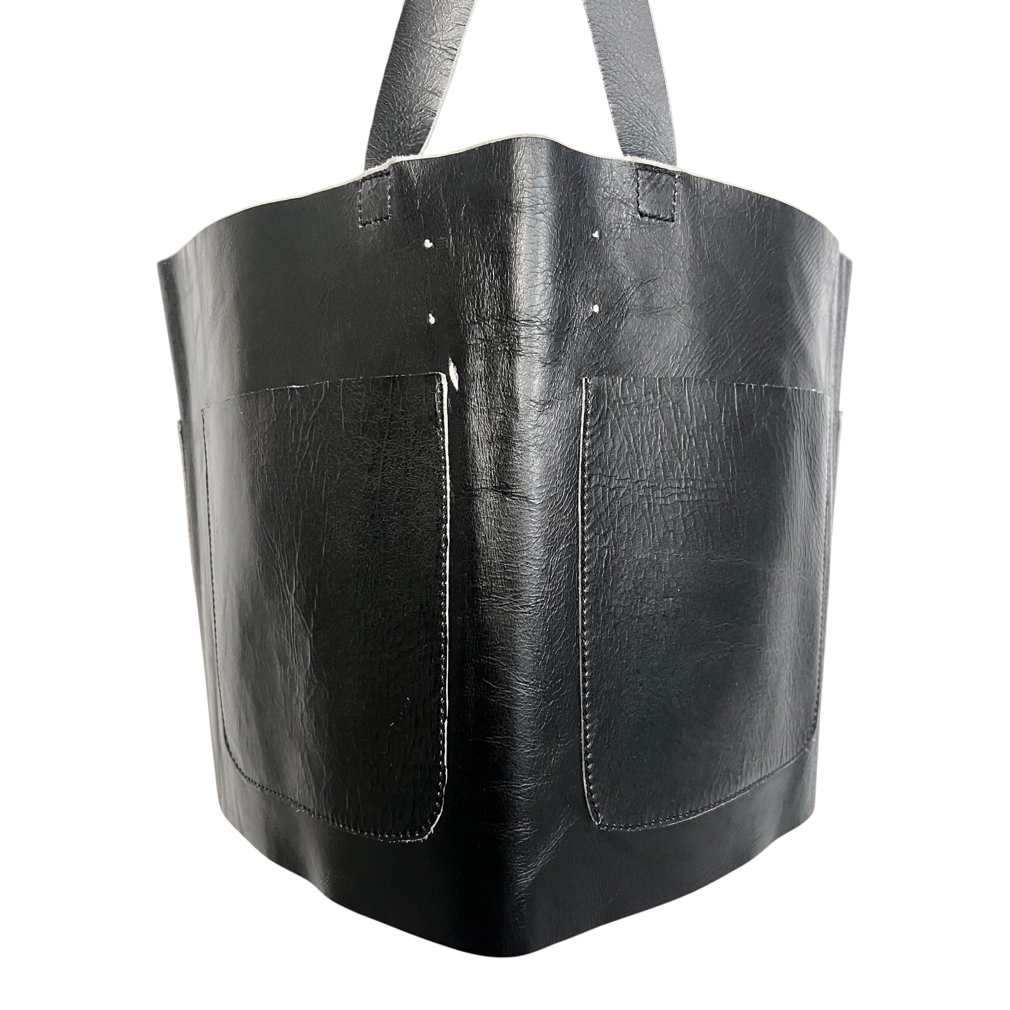 Maison Martin Margiela A/W 1999 Black Leather Utilitarian Pinafore Apron, close up