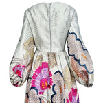 Bill Blass 1969 Silver Brocade Pink Floral Long Sleeve Full Length Dress, Documented, top half back
