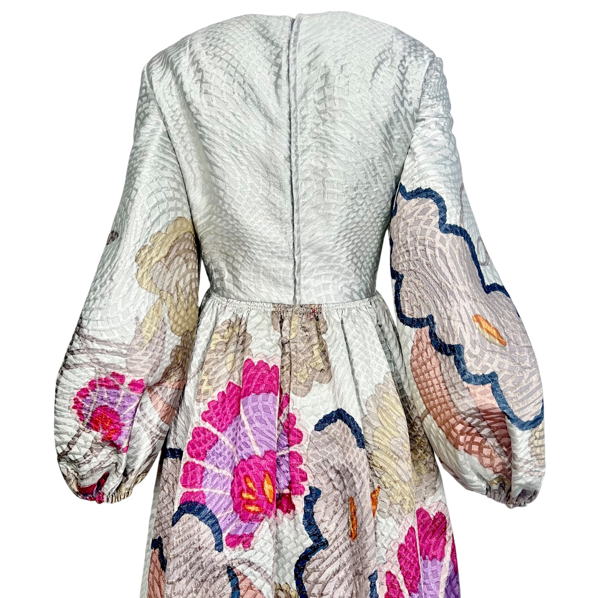 Bill Blass 1969 Silver Brocade Pink Floral Long Sleeve Full Length Dress, Documented, top half back