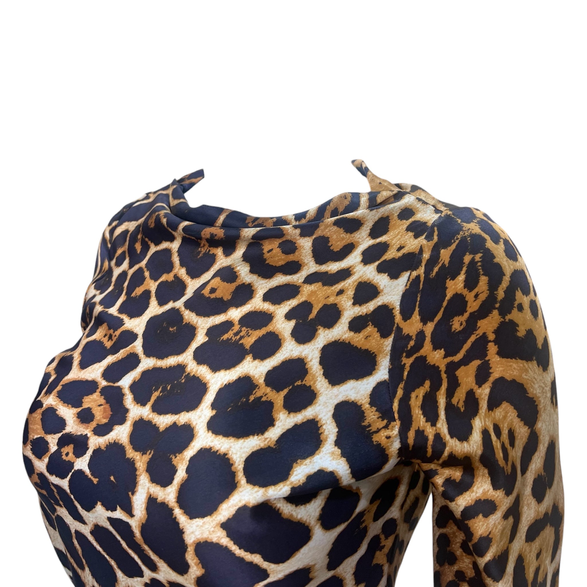 Yves Saint Laurent by Tom Ford S/S 2002 Silk Jaguar Print Long Sleeve Blouse, neck