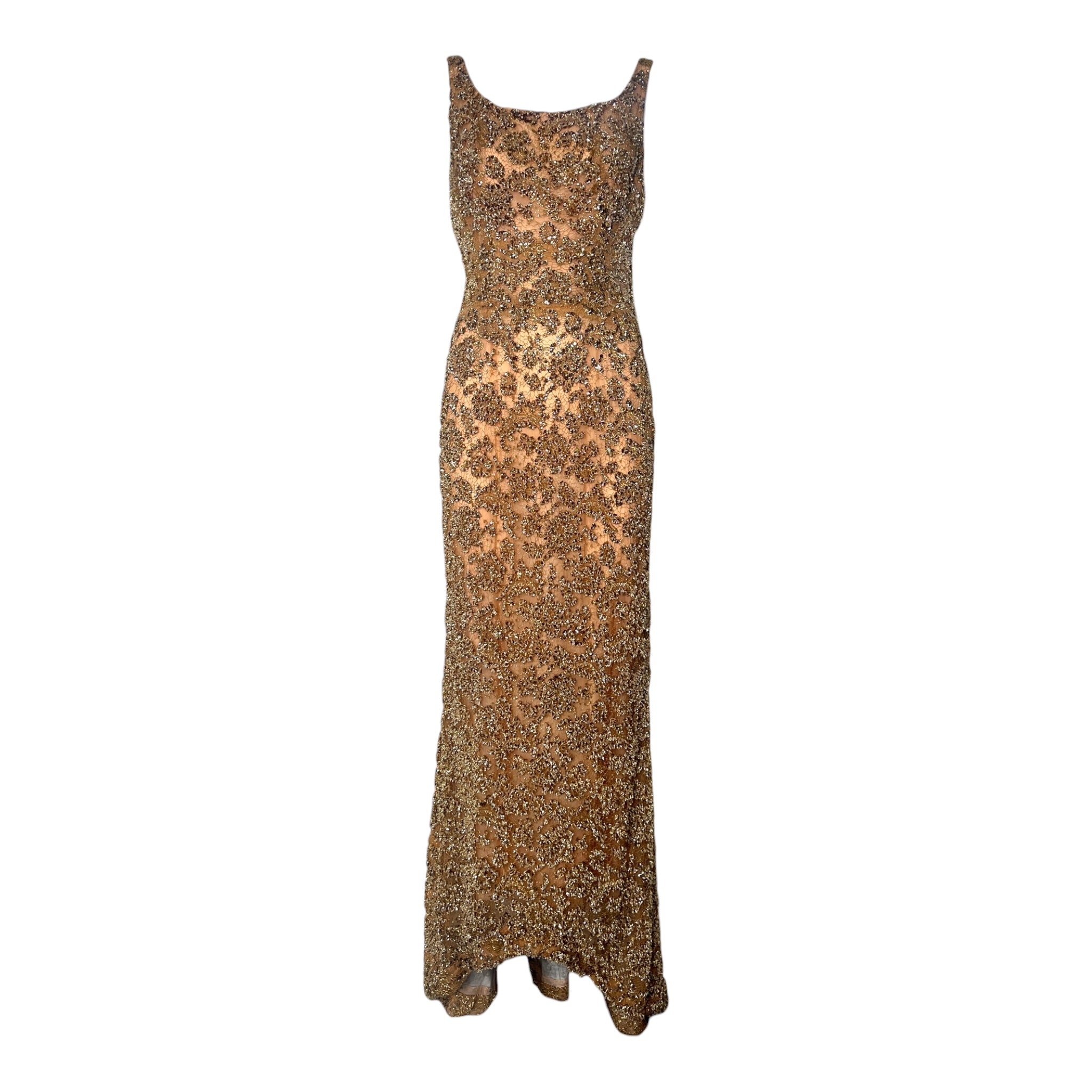 1960's Gold Heavily Embellished Knit Lace Evening Bombshell Gown