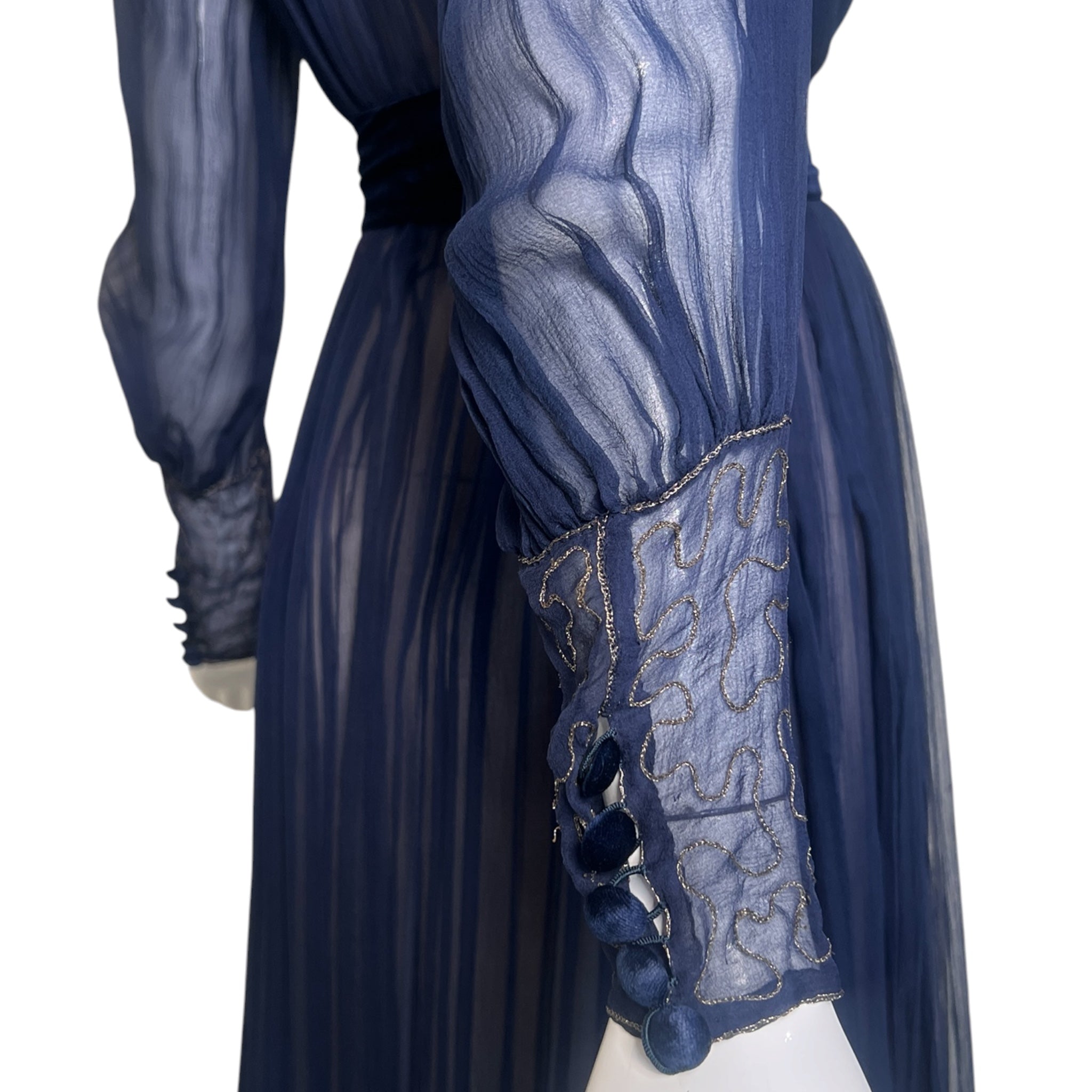 1910's French Couture Midnight Blue Silk Chiffon Long Sleeve Gown, sleeve detail