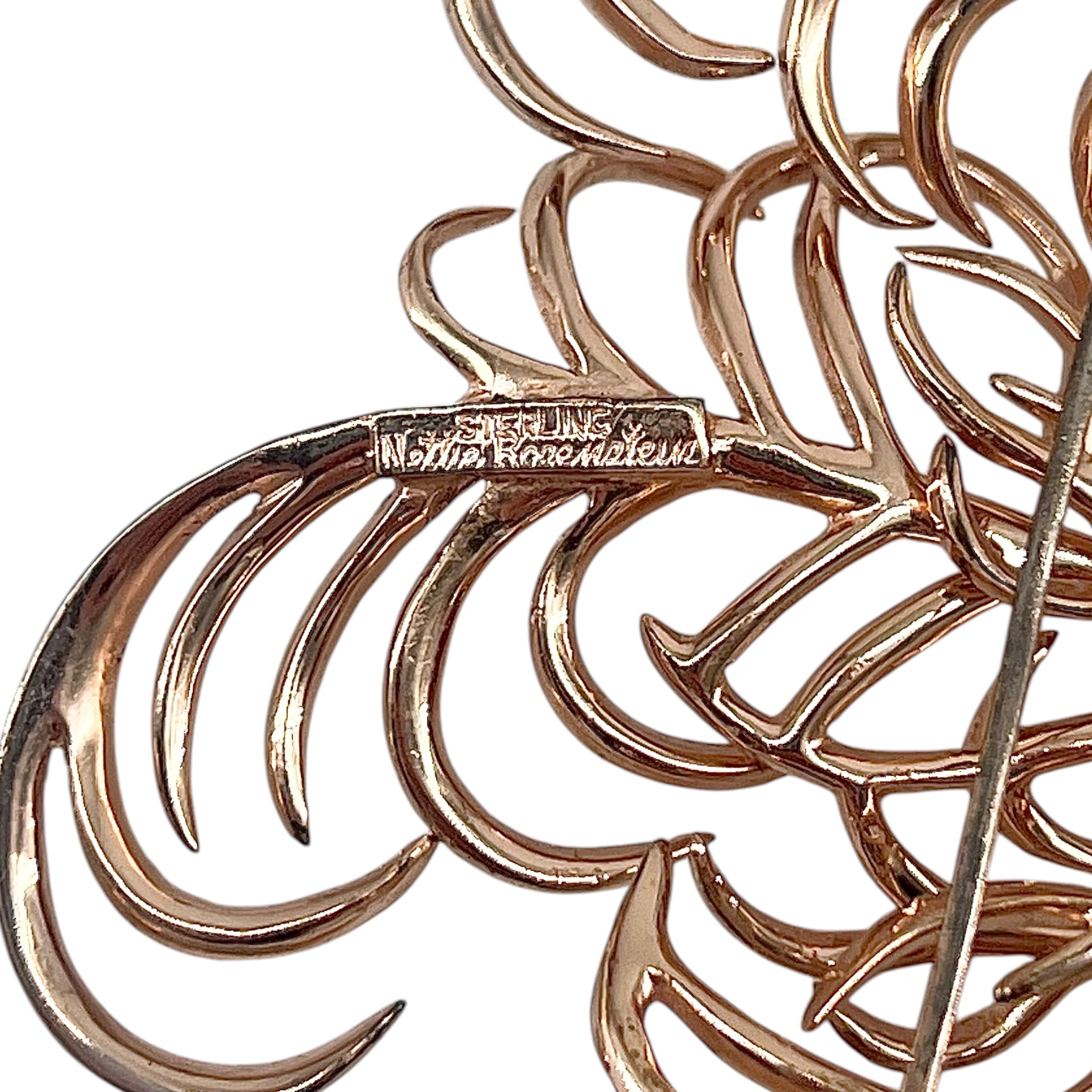 Nettie Rosenstein 1940's Sterling Silver Gold Vermeil Diamante Feather Brooch and Earrings, cartouche