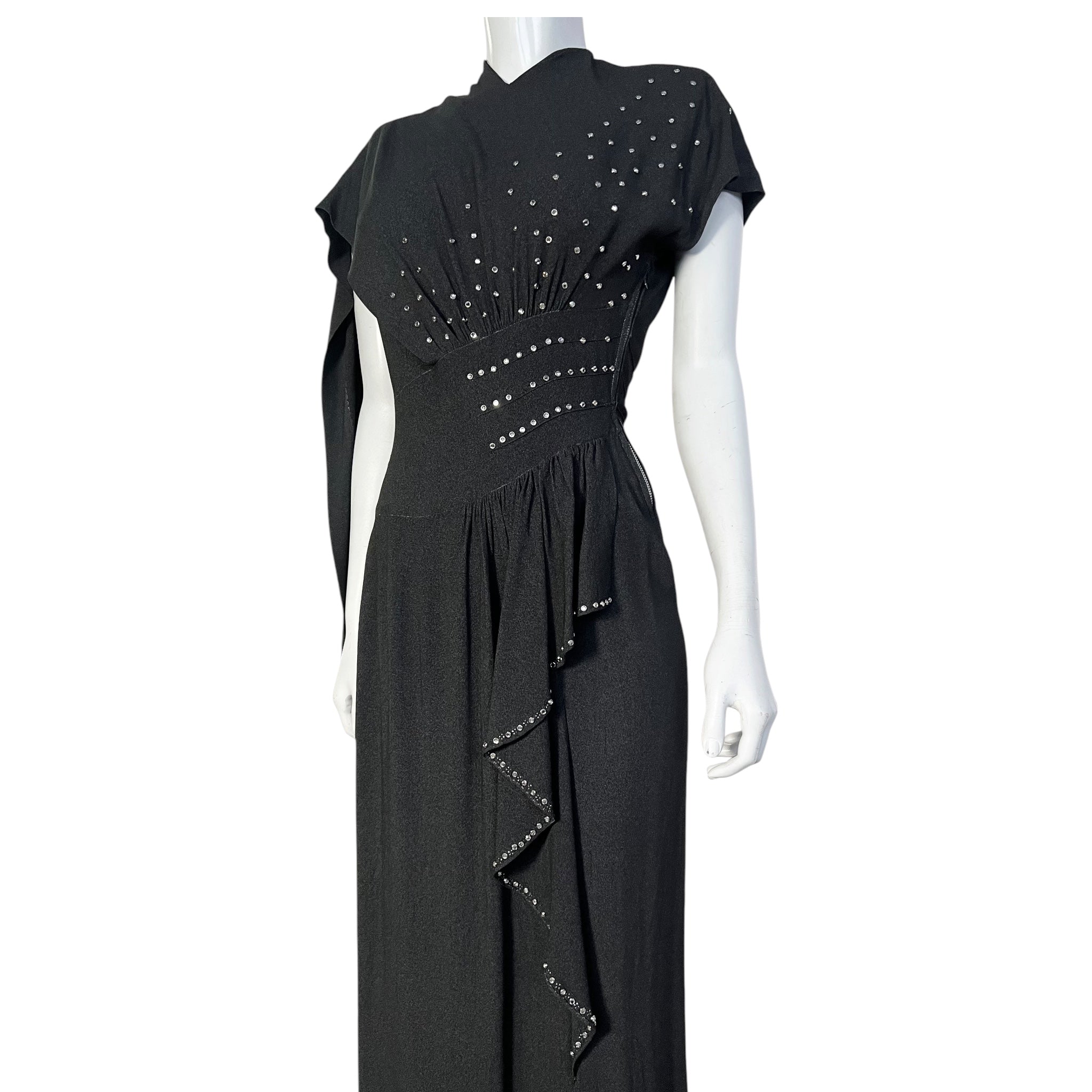 1940's Charcoal Rayon Crystal Studded Evening Dress with Swag Drape, slight side