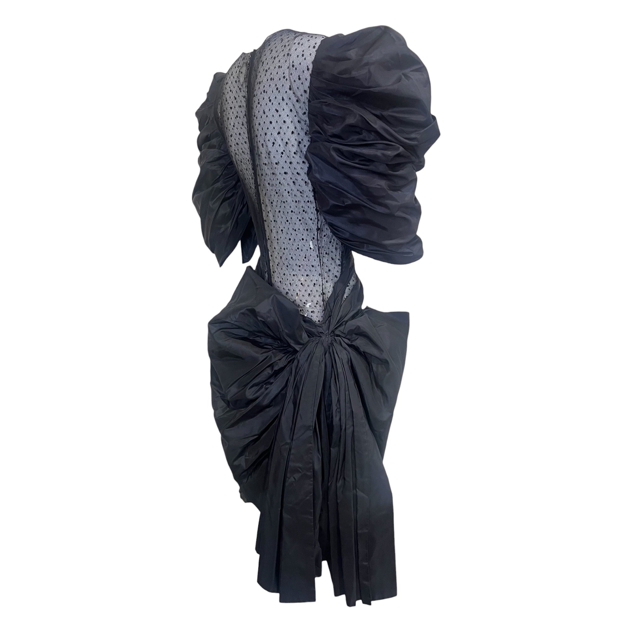 1980's Black Taffeta and Lace Dramatic Peek-A-Boo Dress, back side