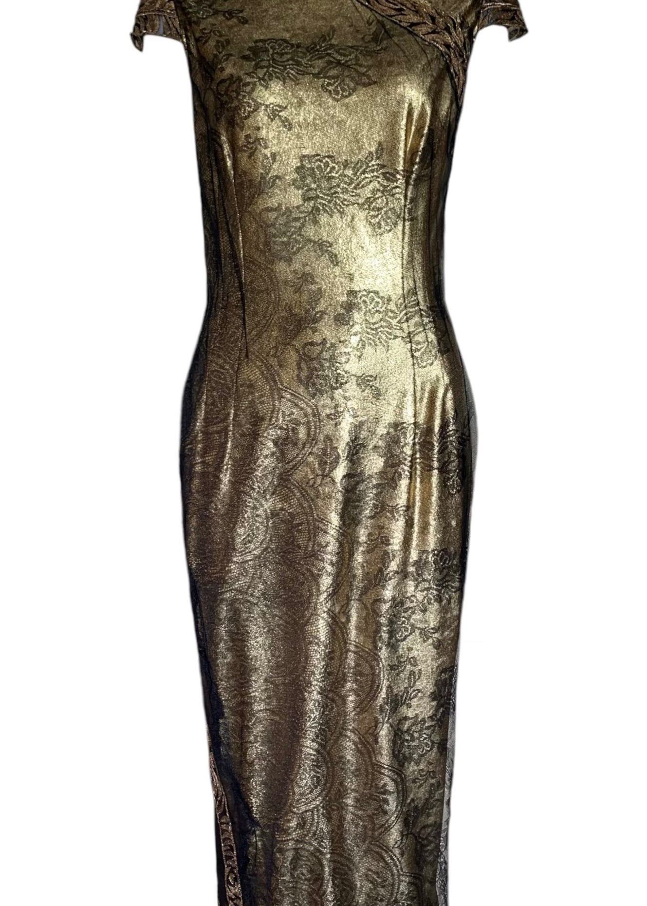 Lopez Knudson Gold Lamé and Black Lace Cheongsam Inspired Cocktail Dress FRONT PHOTO 1 OF 6