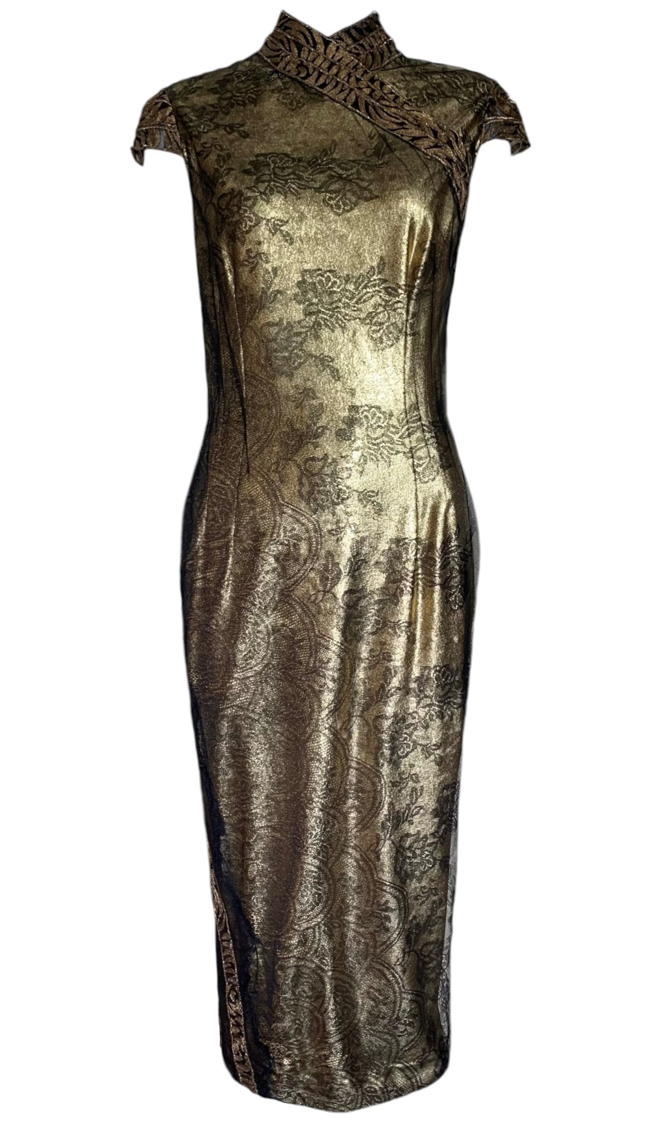 Lopez Knudson Gold Lamé and Black Lace Cheongsam Inspired Cocktail Dress FRONT PHOTO 1 OF 6