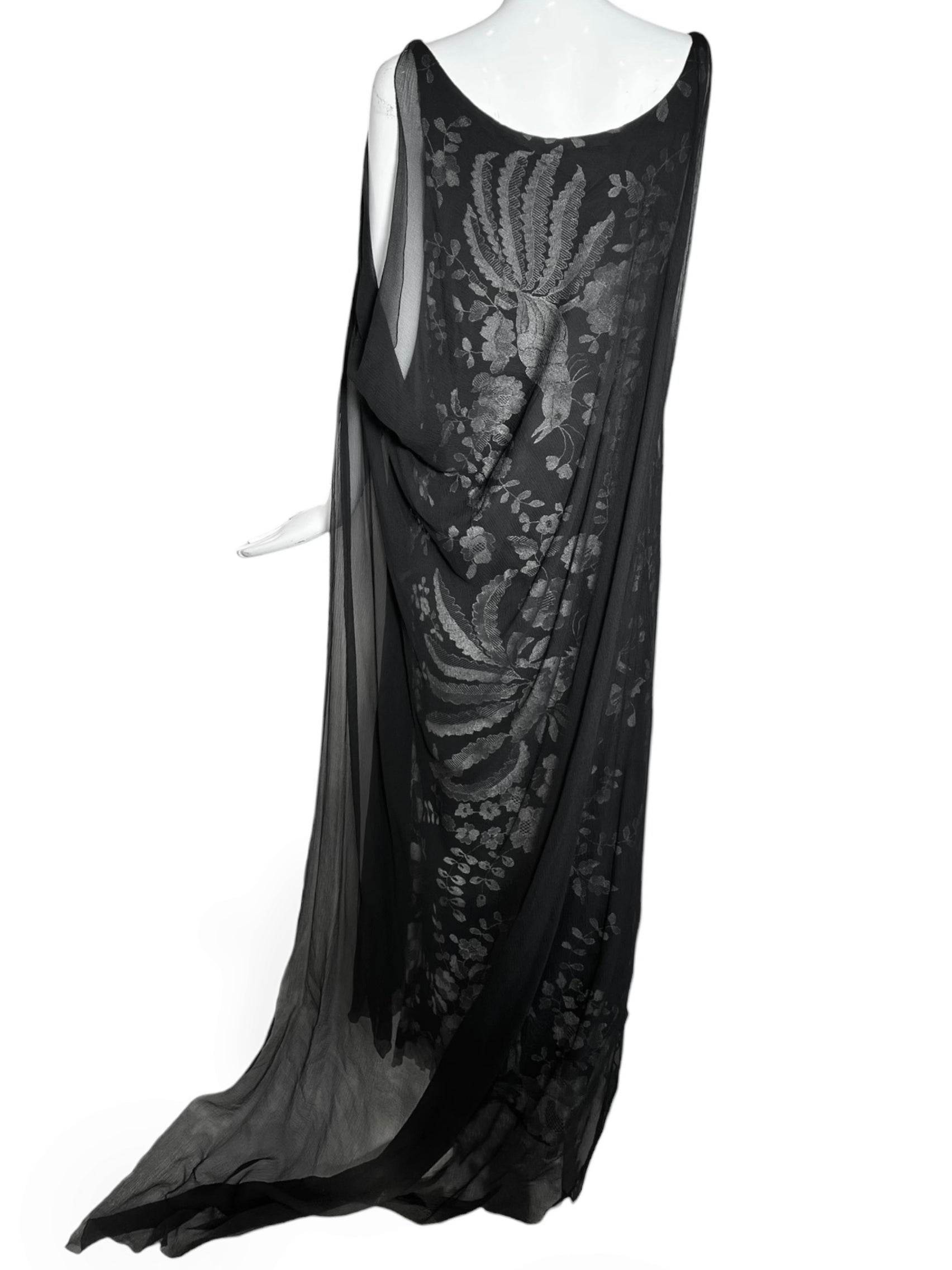 Galanos Black Embroidered Lace Gown Veiled with Chiffon Overlay and Train, back