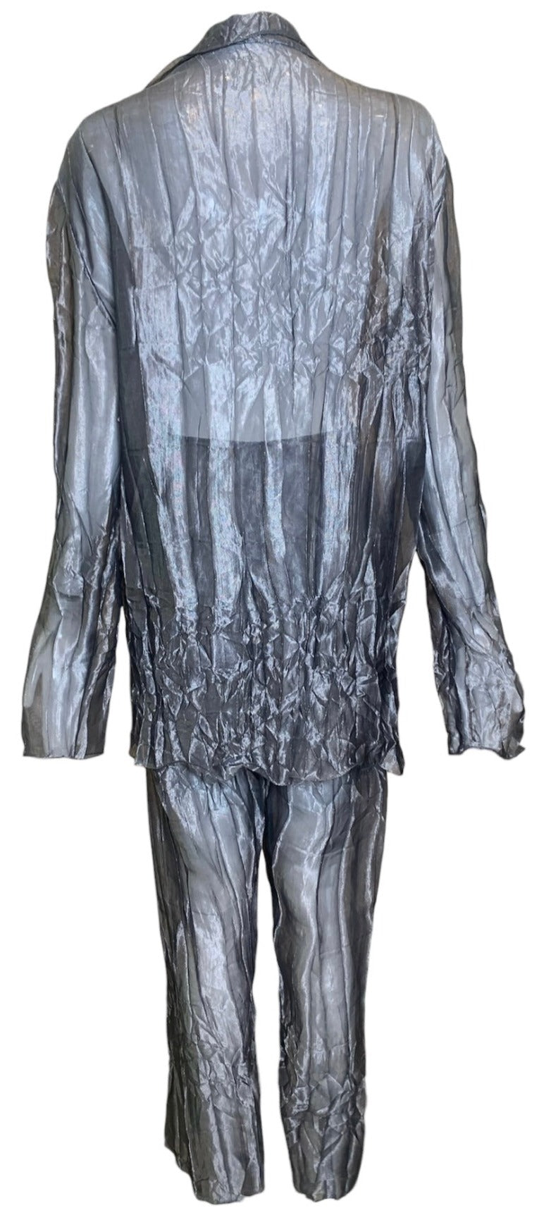 Krizia 90s Silver Sheer Crinkled Shirt & Pants Ensemble BACK 3 of 6