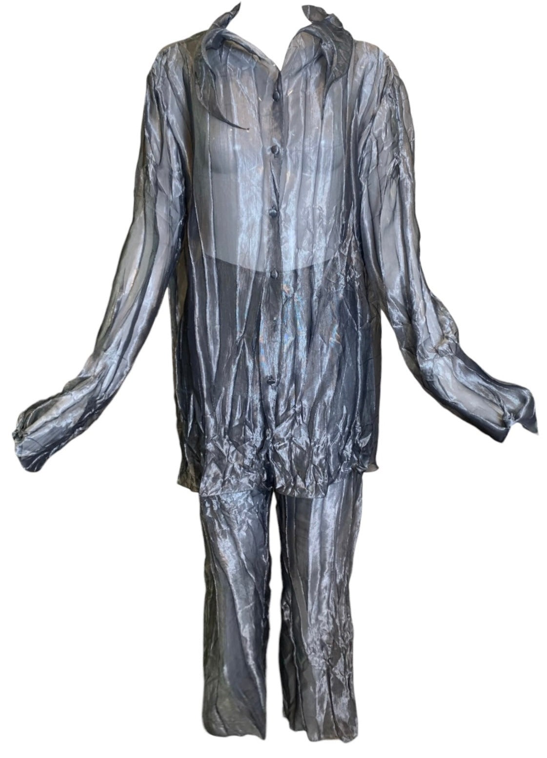 Krizia Y2K  Silver Sheer Crinkled Shirt & Pants Ensemble FRONT 1 of 6