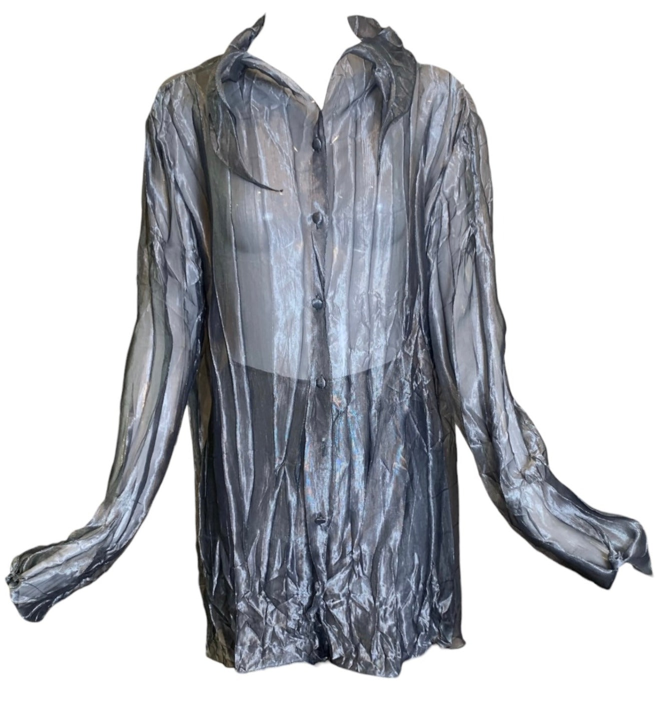 Krizia 90s Silver Sheer Crinkled Shirt & Pants Ensemble SHIRT 4 of 6