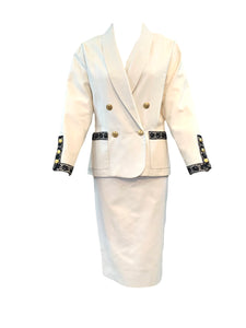 Chanel 90s White Cotton Pique Suit with Black Lace Trim FRONT 1 of  7
