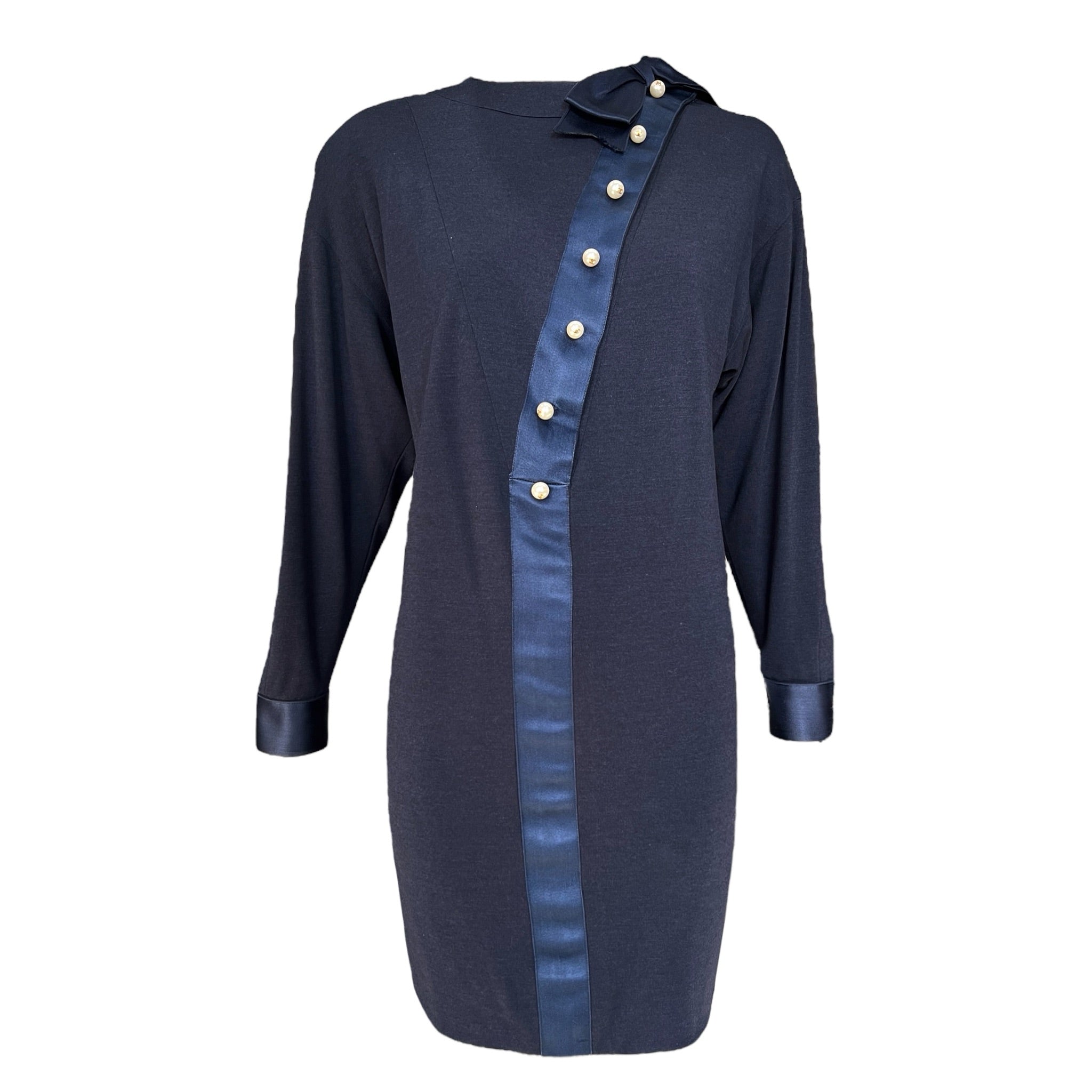 Chanel 1984 Navy Wool Tunic Dress with Asymmetrical Pearl Buttons