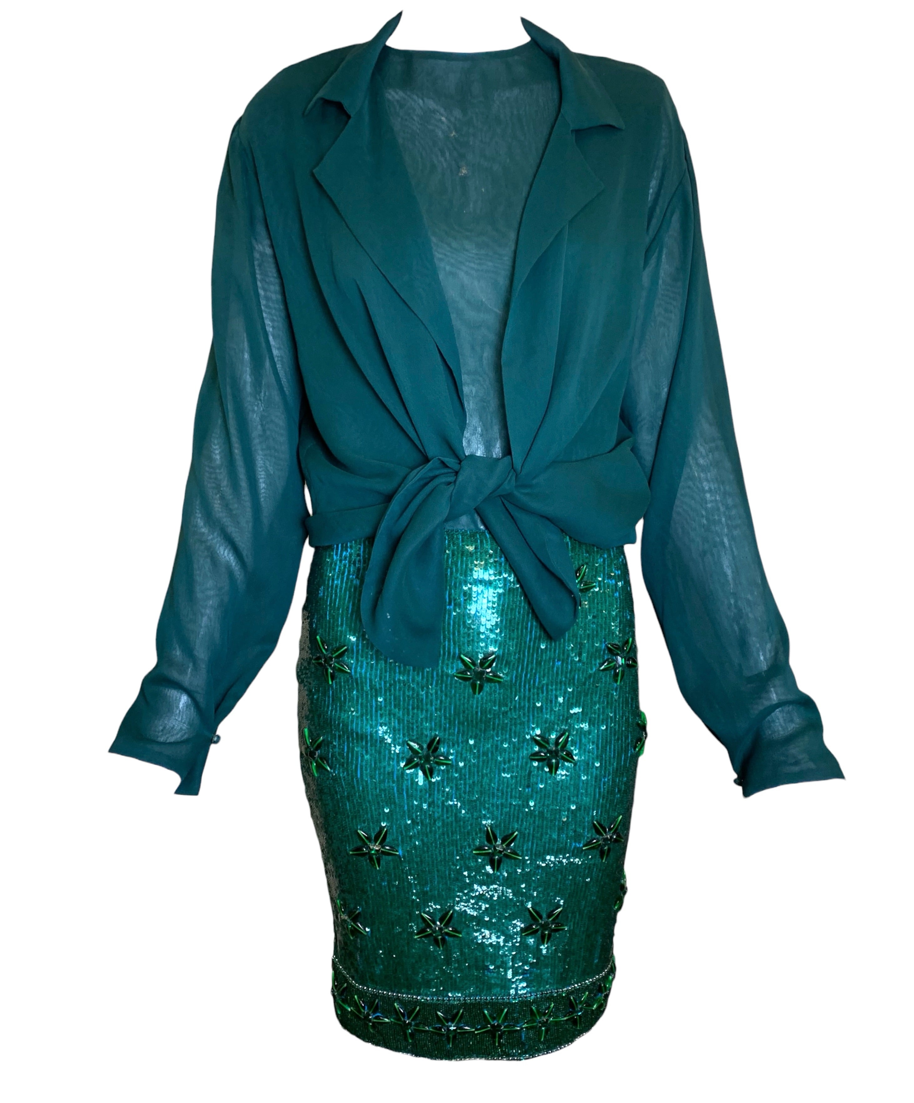 Girorgio di Sant Angelo '80s Emerald Sequin and Chiffon Four Piece Ensemble 1/15