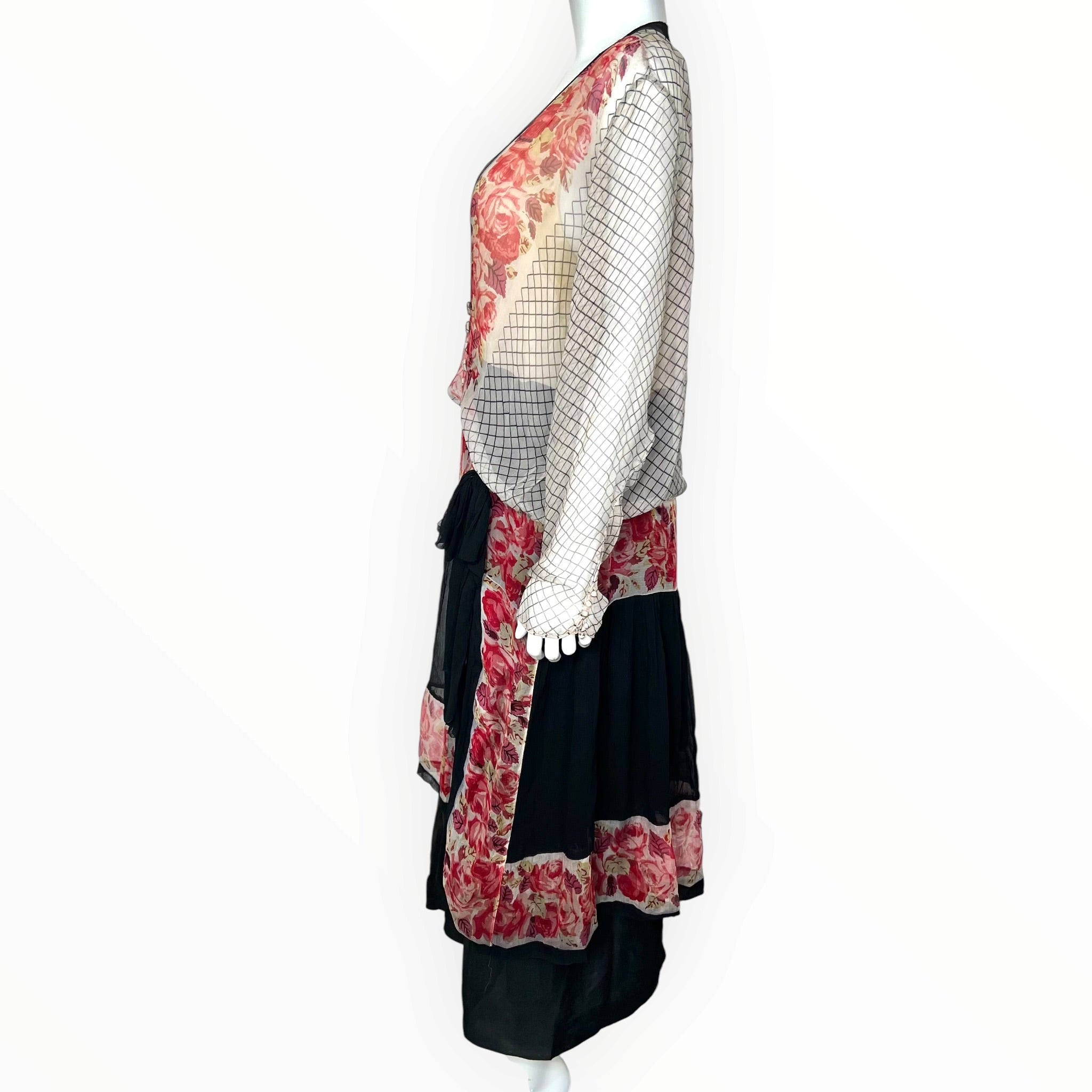 1920's Rose and Graphic Grid Print Long Silk Crepe Sleeve Drop Waist Afternoon Dress, side