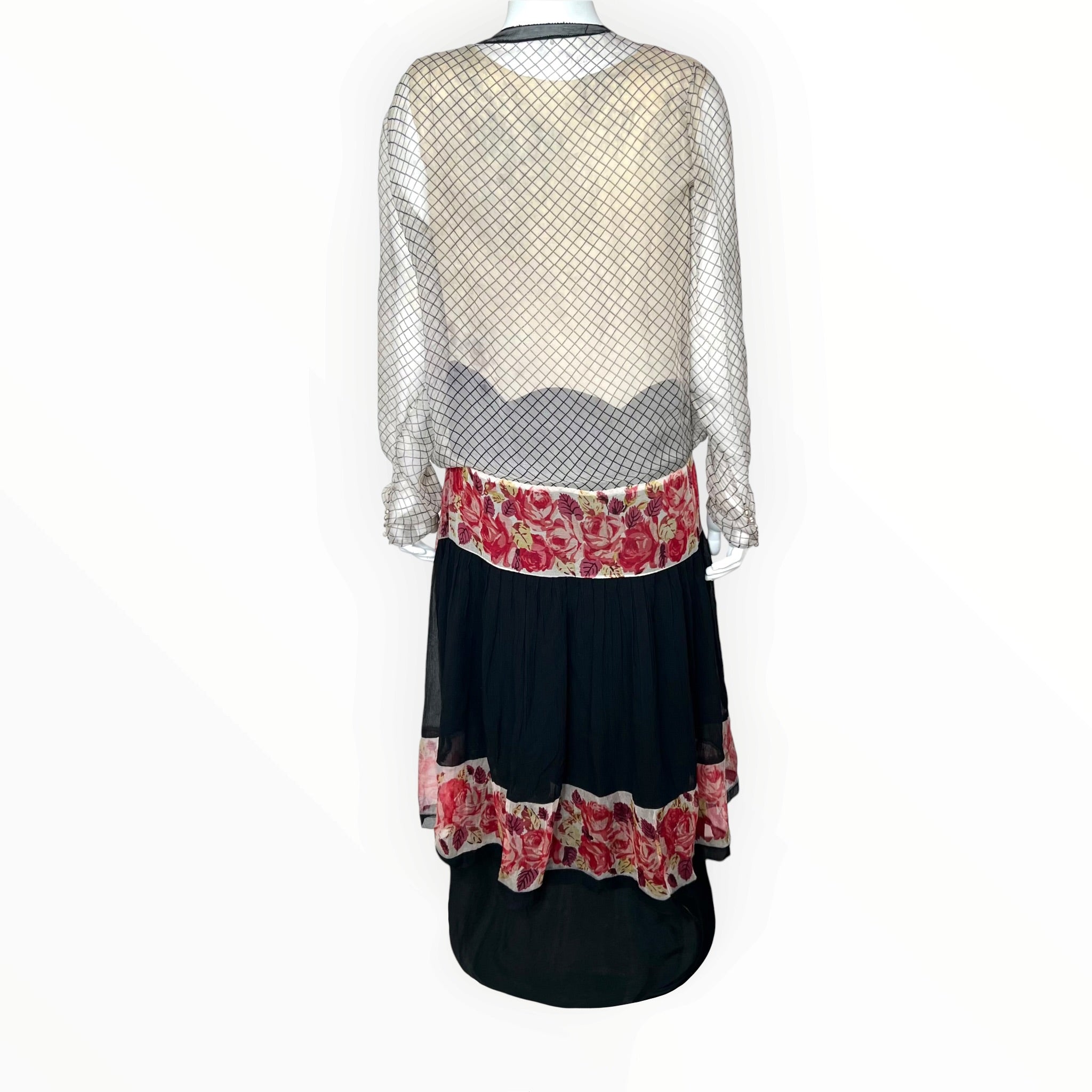 1920's Rose and Graphic Grid Print Long Silk Crepe Sleeve Drop Waist Afternoon Dress, back