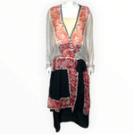 1920's Rose and Graphic Grid Print Long Silk Crepe Sleeve Drop Waist Afternoon Dress