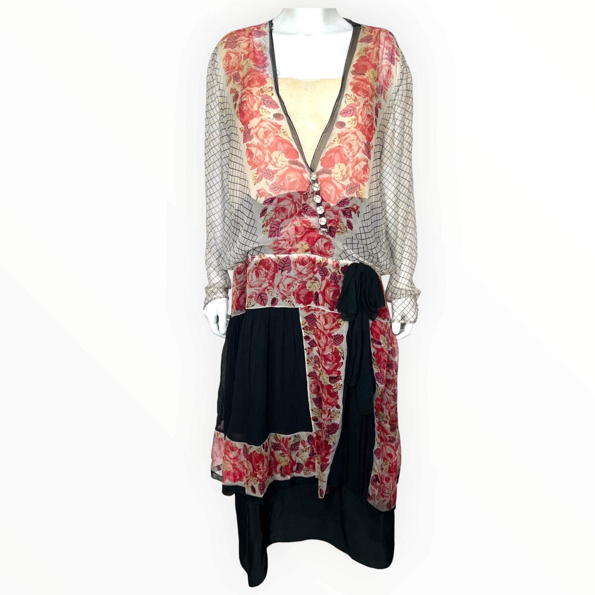 1920's Rose and Graphic Grid Print Long Silk Crepe Sleeve Drop Waist Afternoon Dress