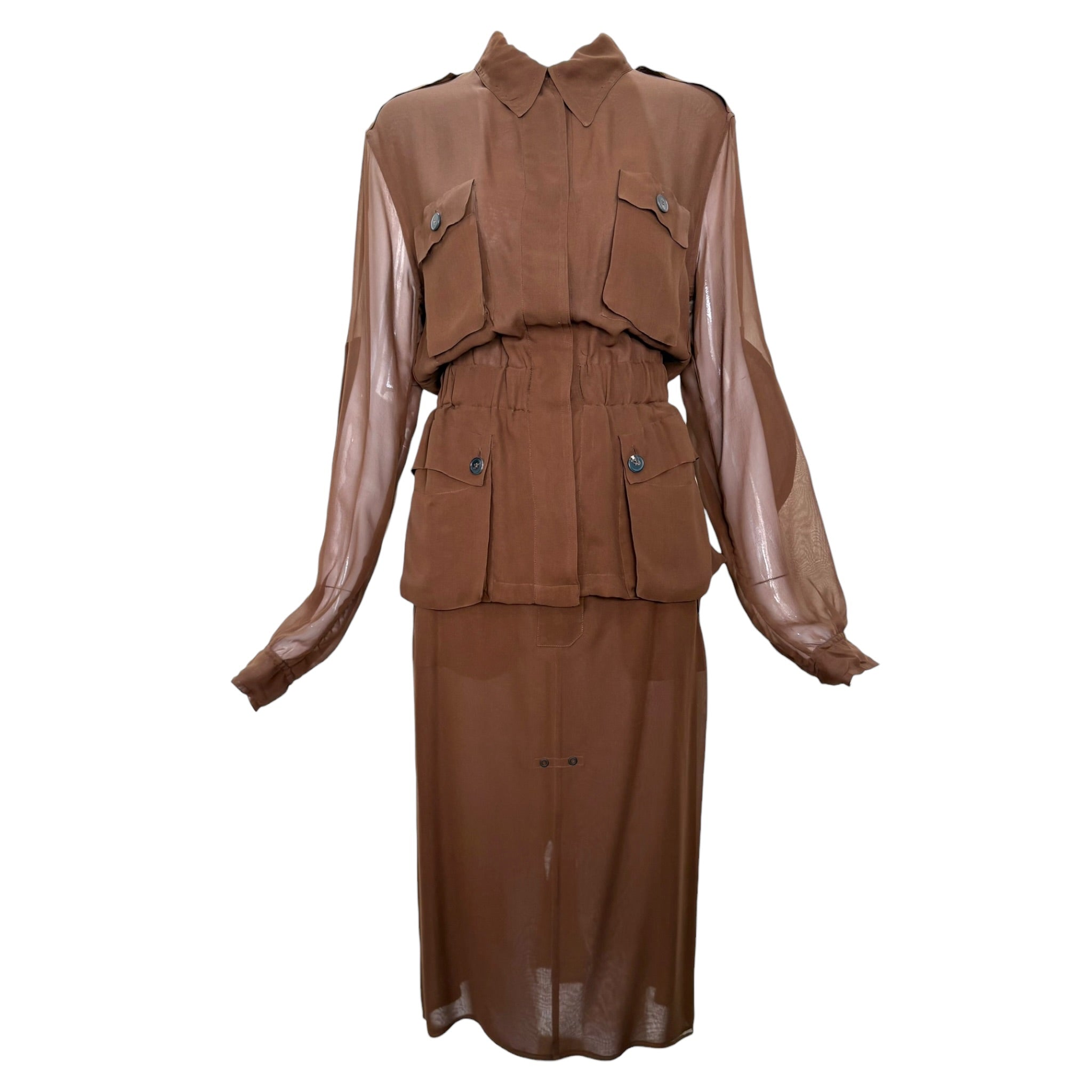 Yves Saint Laurent S/S 2002 Tom Ford Era Brown Silk Safari Skirt Suit
