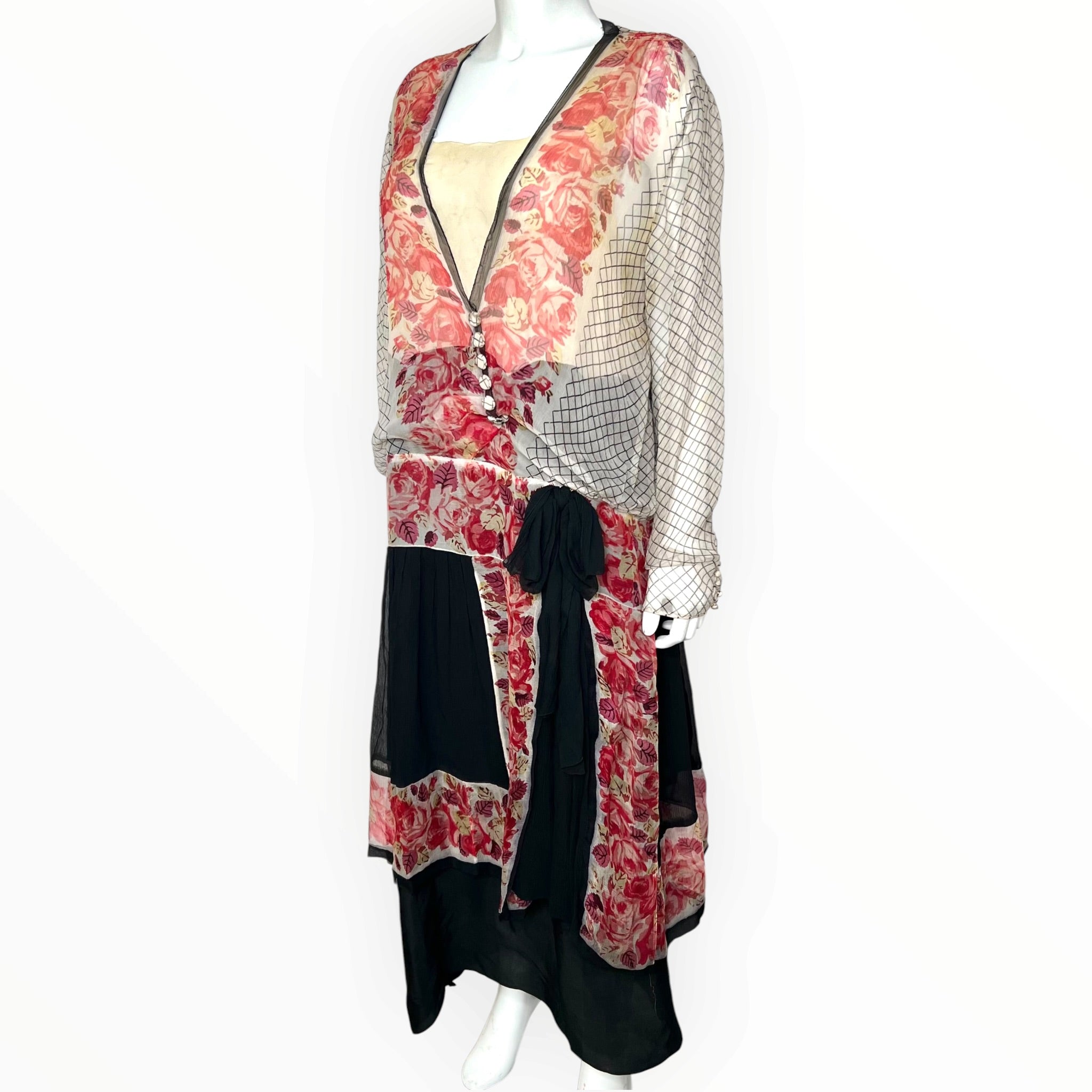 1920's Rose and Graphic Grid Print Long Silk Crepe Sleeve Drop Waist Afternoon Dress, slight side