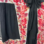 1920's Rose and Graphic Grid Print Long Silk Crepe Sleeve Drop Waist Afternoon Dress, floral border