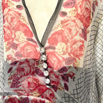 1920's Rose and Graphic Grid Print Long Silk Crepe Sleeve Drop Waist Afternoon Dress, décolletage