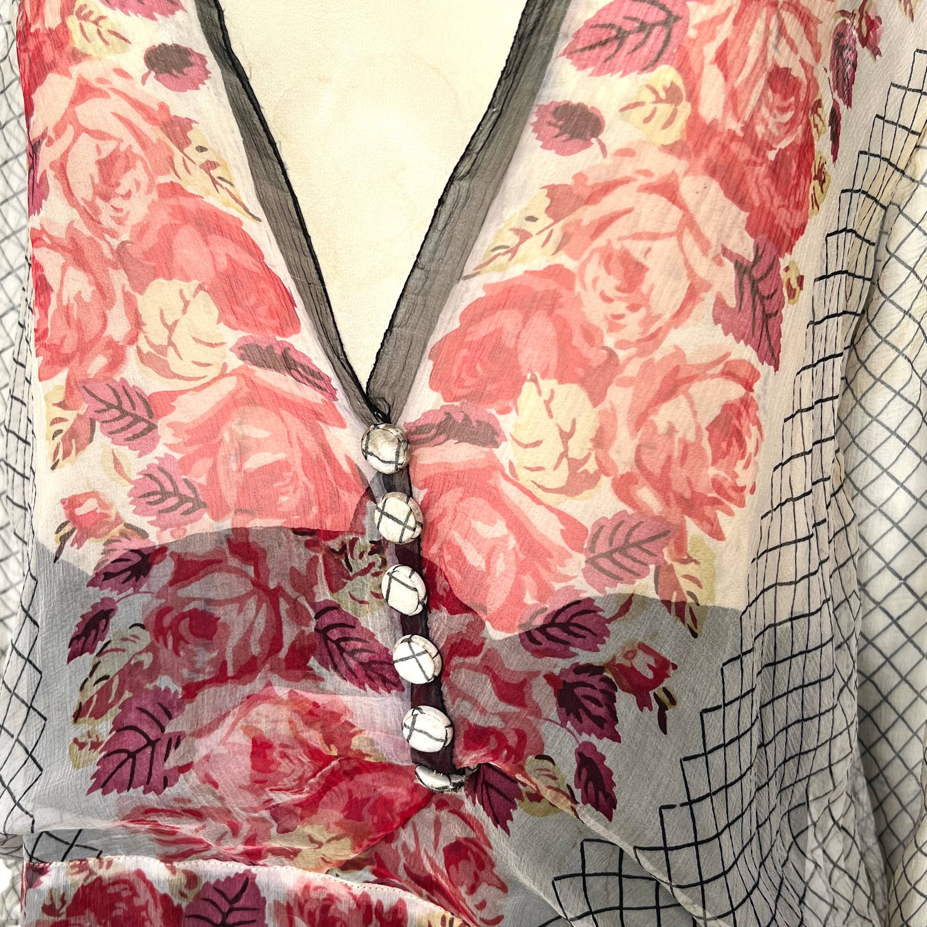 1920's Rose and Graphic Grid Print Long Silk Crepe Sleeve Drop Waist Afternoon Dress, décolletage
