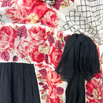 1920's Rose and Graphic Grid Print Long Silk Crepe Sleeve Drop Waist Afternoon Dress, hip detail