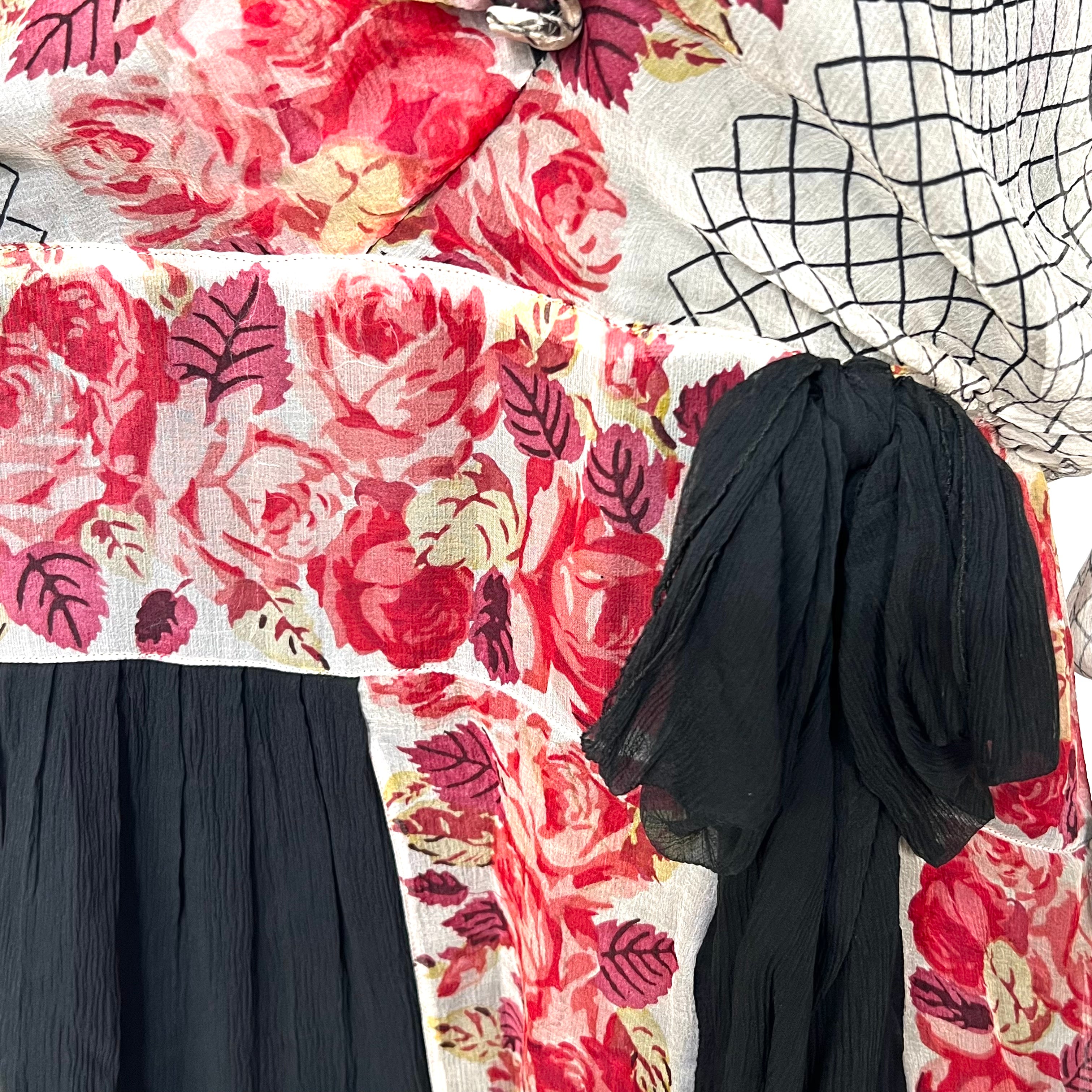 1920's Rose and Graphic Grid Print Long Silk Crepe Sleeve Drop Waist Afternoon Dress, hip detail
