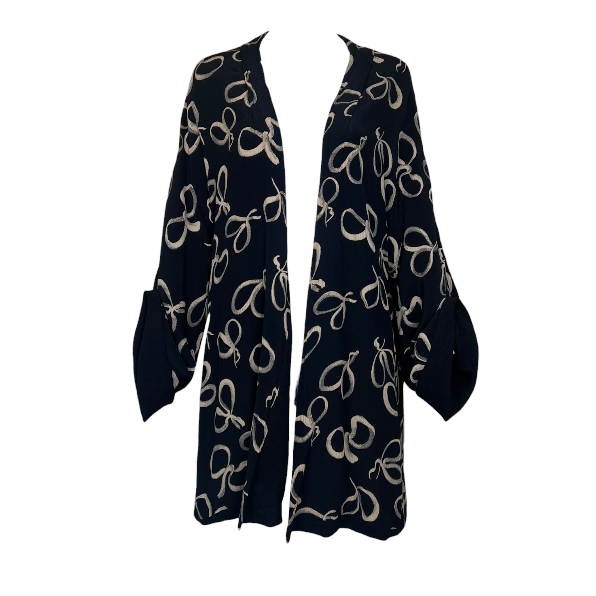 Early 1940's Ribbon Bow Print Black Silk Georgette Jacket, cuffed
