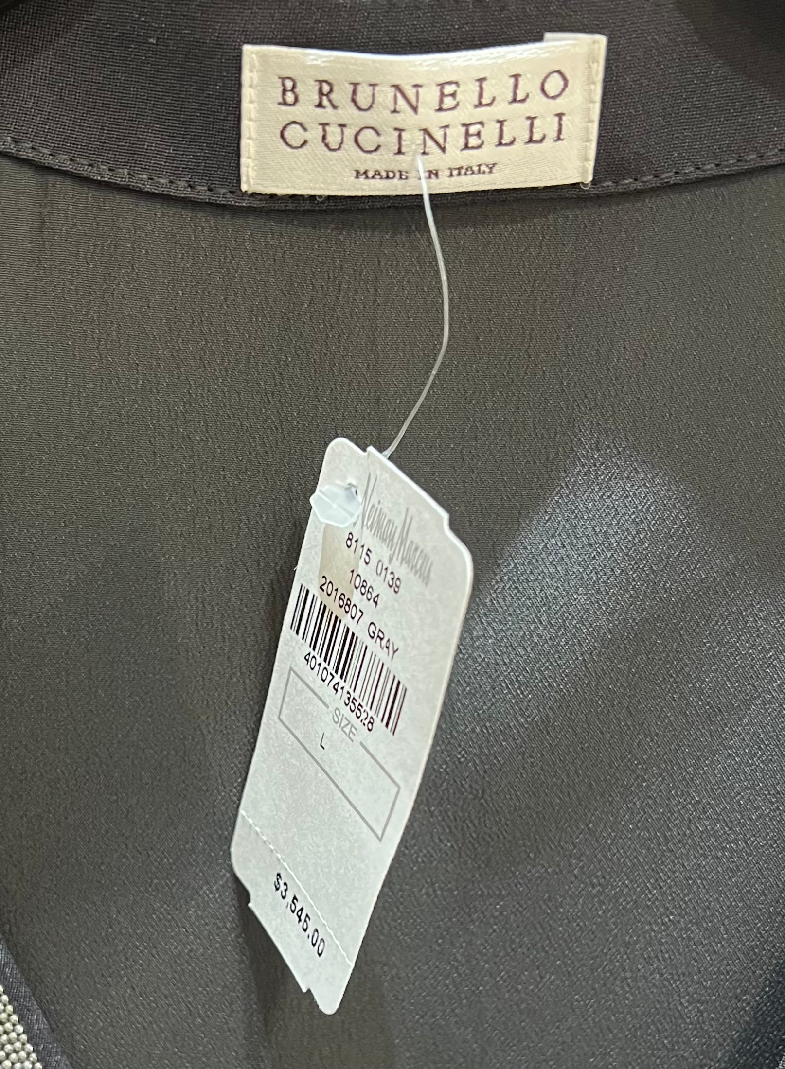 Brunello Cucinelli Slate Grey Slinky Column Gown with Monili Embellishments tag