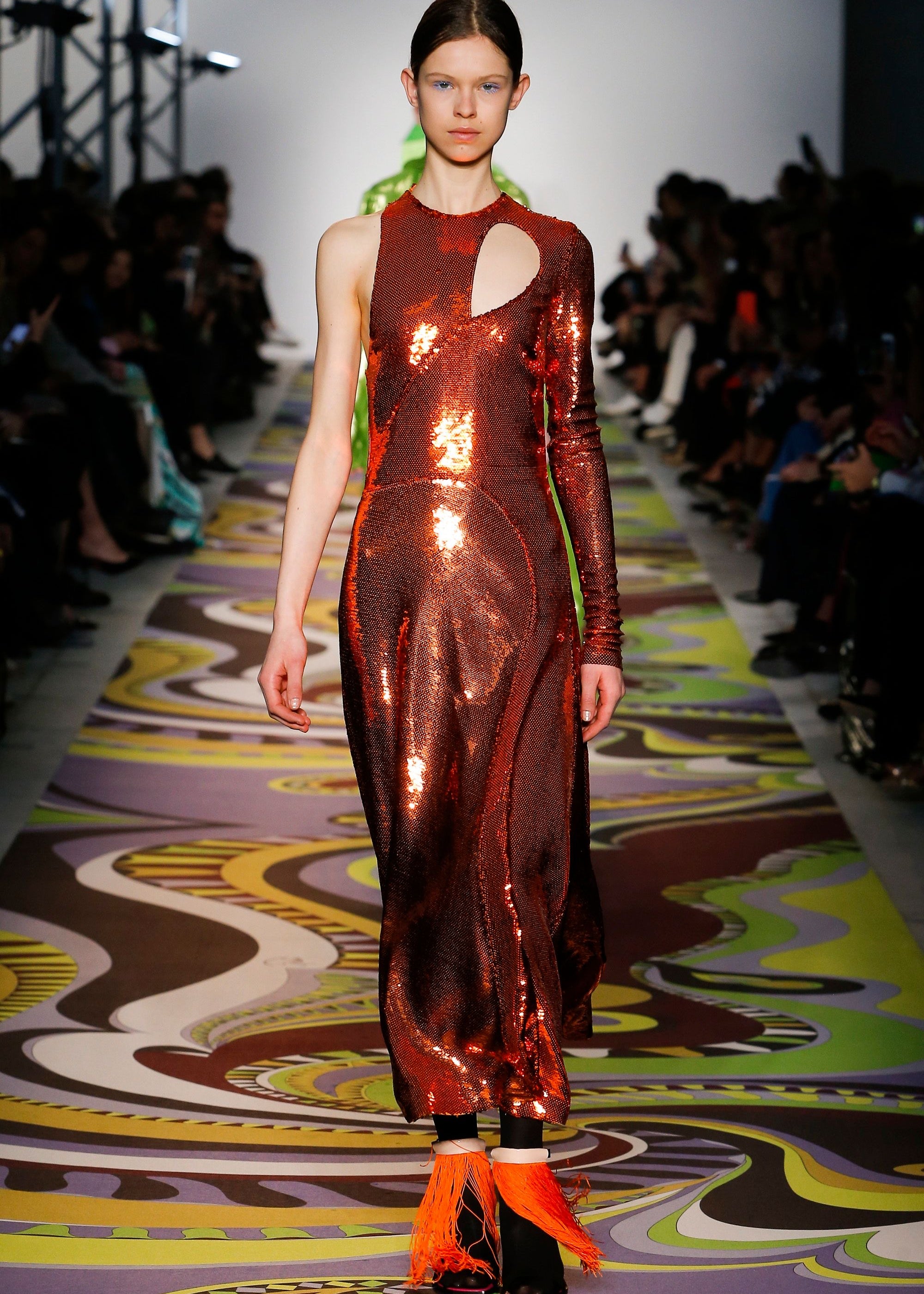 Emilio Pucci F/W 2017 Orange Sequin One Shoulder Cut-Out Blouse, runway