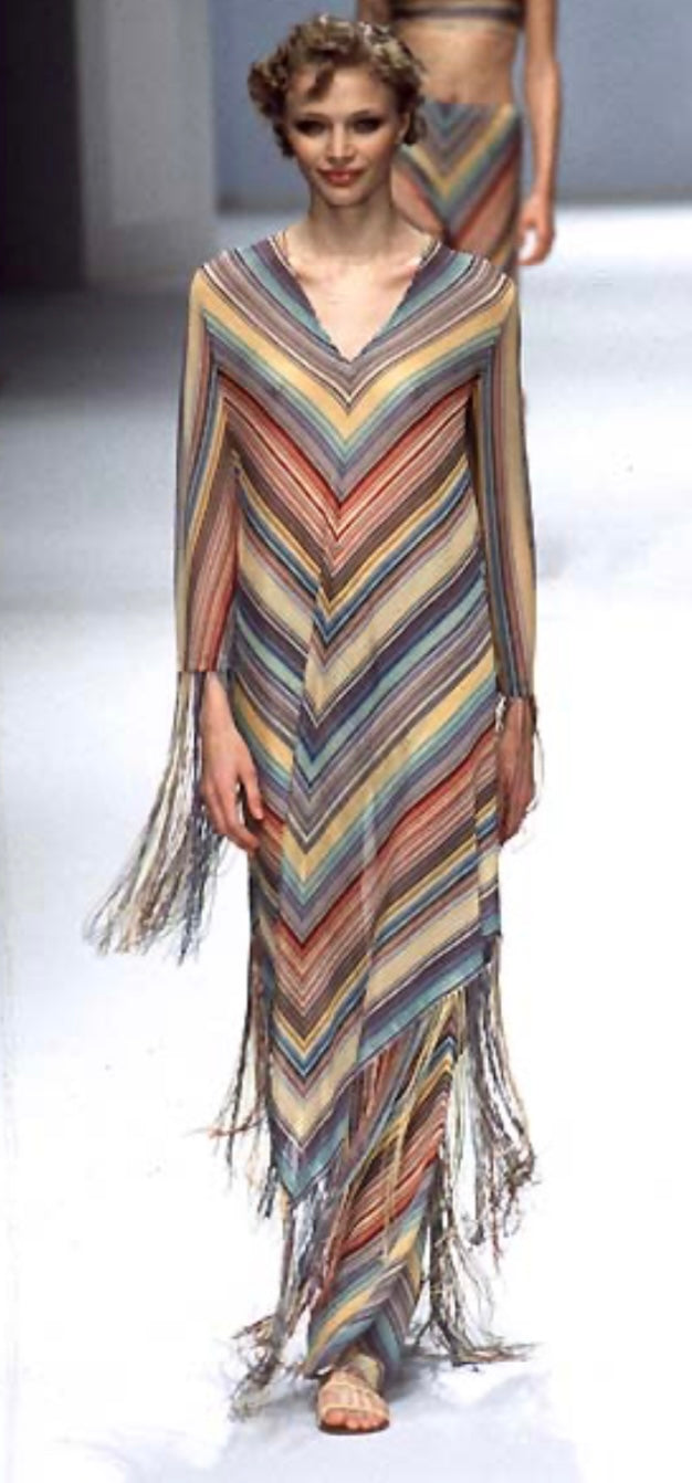 Missoni S/S 1997 Striped Fringed 3 Piece Knit Rayon Ensemble, runway